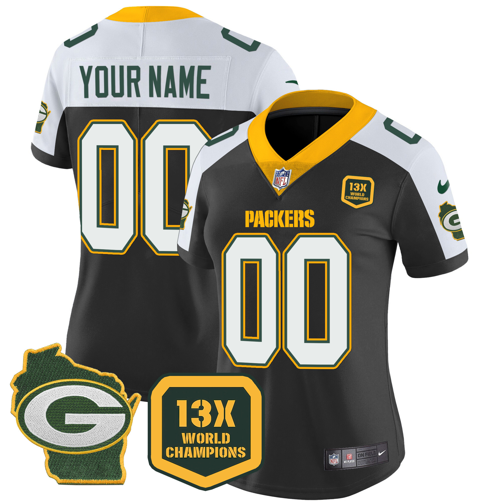 Women's Green Bay Packers 13 Time World Champions & Home Patch Vapor Custom Black Alternate Jersey - All Stitched