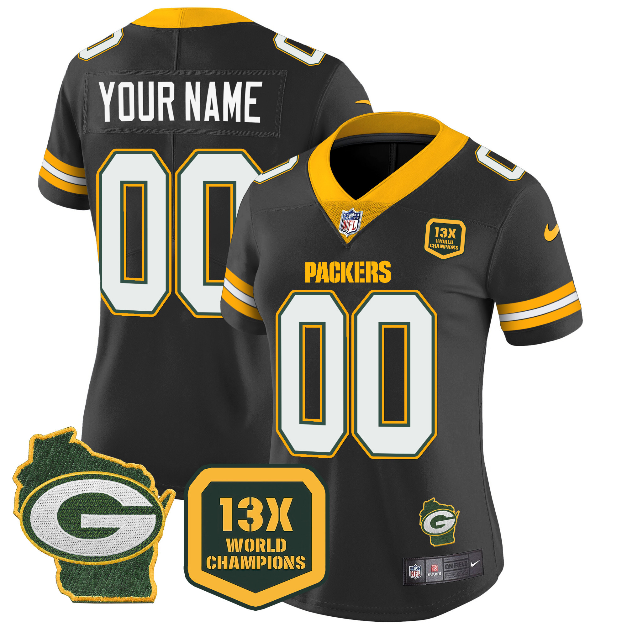 Women's Green Bay Packers 13 Time World Champions & Home Patch Vapor Custom Black Jersey - All Stitched