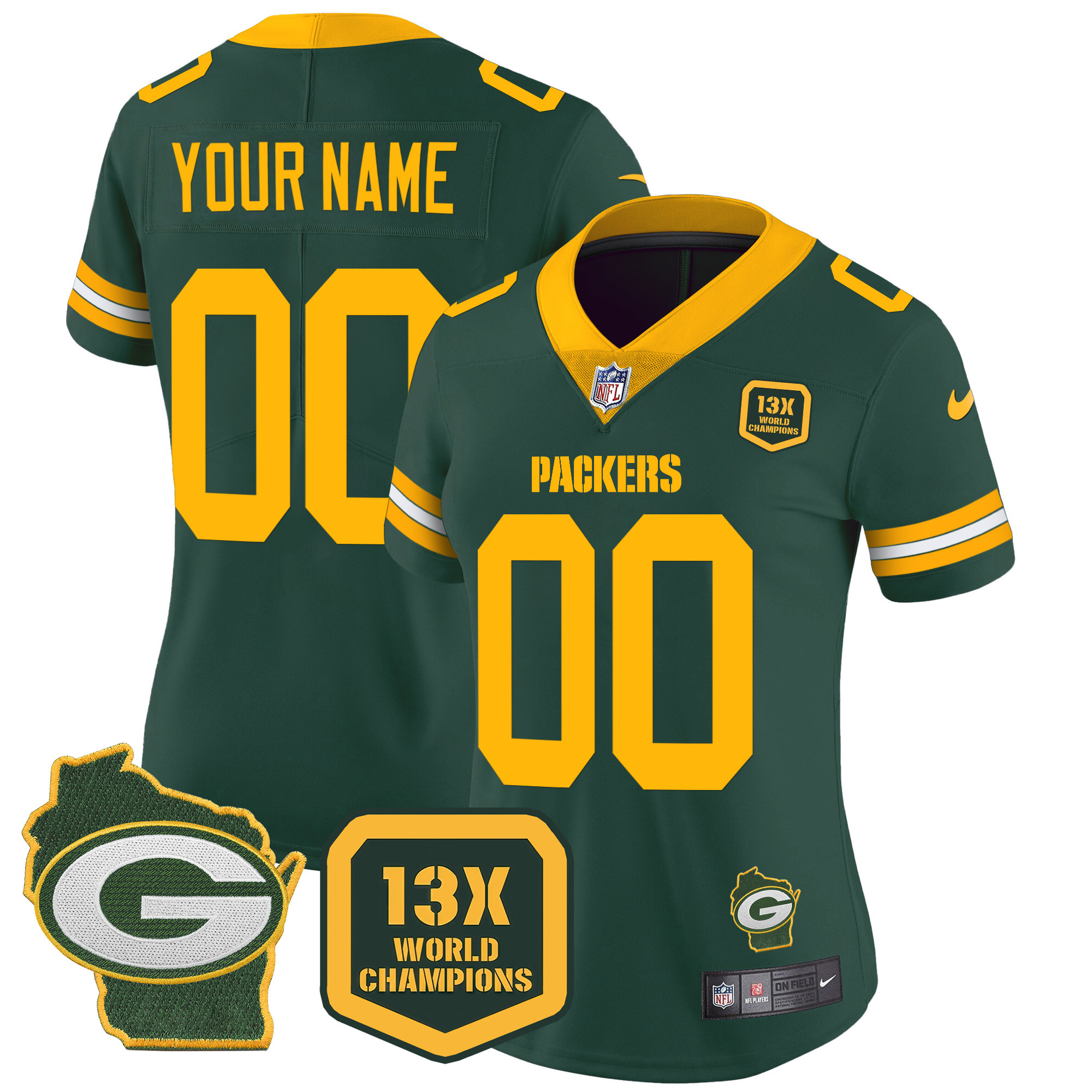 Women's Green Bay Packers 13 Time World Champions & Home Patch Vapor Custom Green Jersey - All Stitched