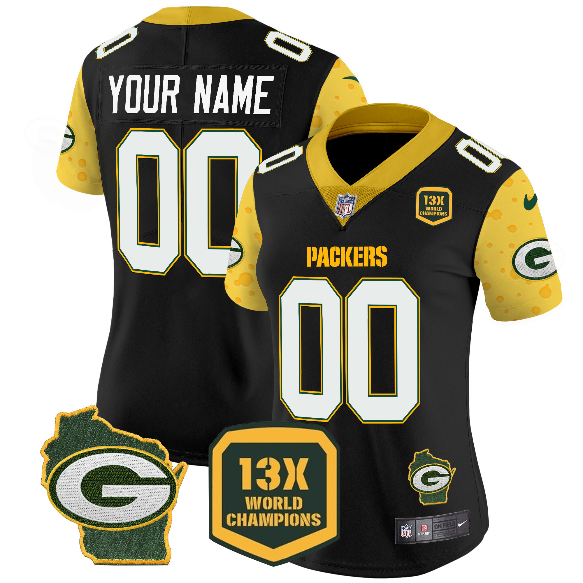 Women's Green Bay Packers Cheese Vapor Limited Custom Black Jersey - All Stitched