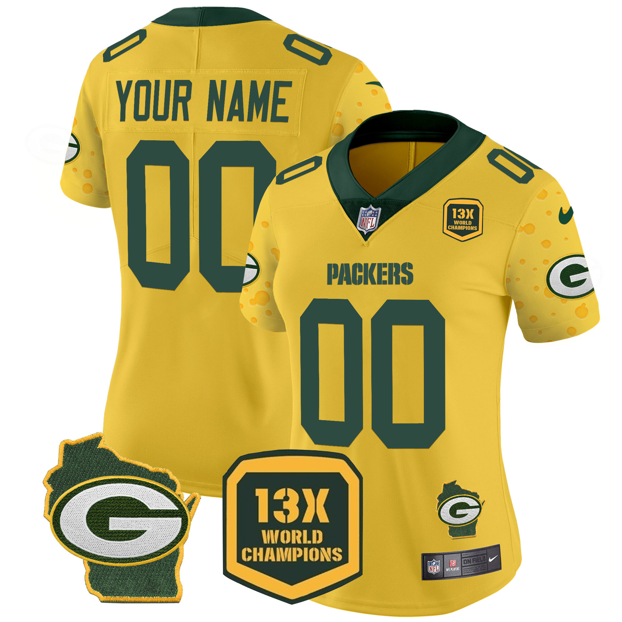 Women's Green Bay Packers Cheese Vapor Limited Custom Gold Jersey - All Stitched