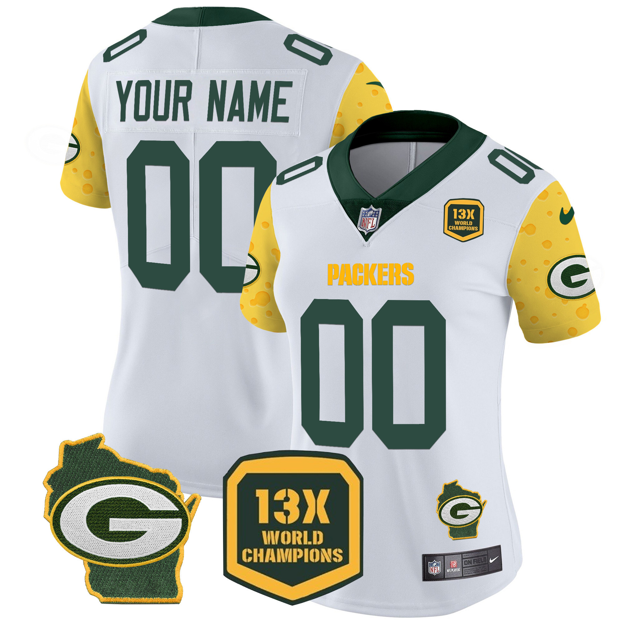 Women's Green Bay Packers Cheese Vapor Limited Custom White Jersey - All Stitched