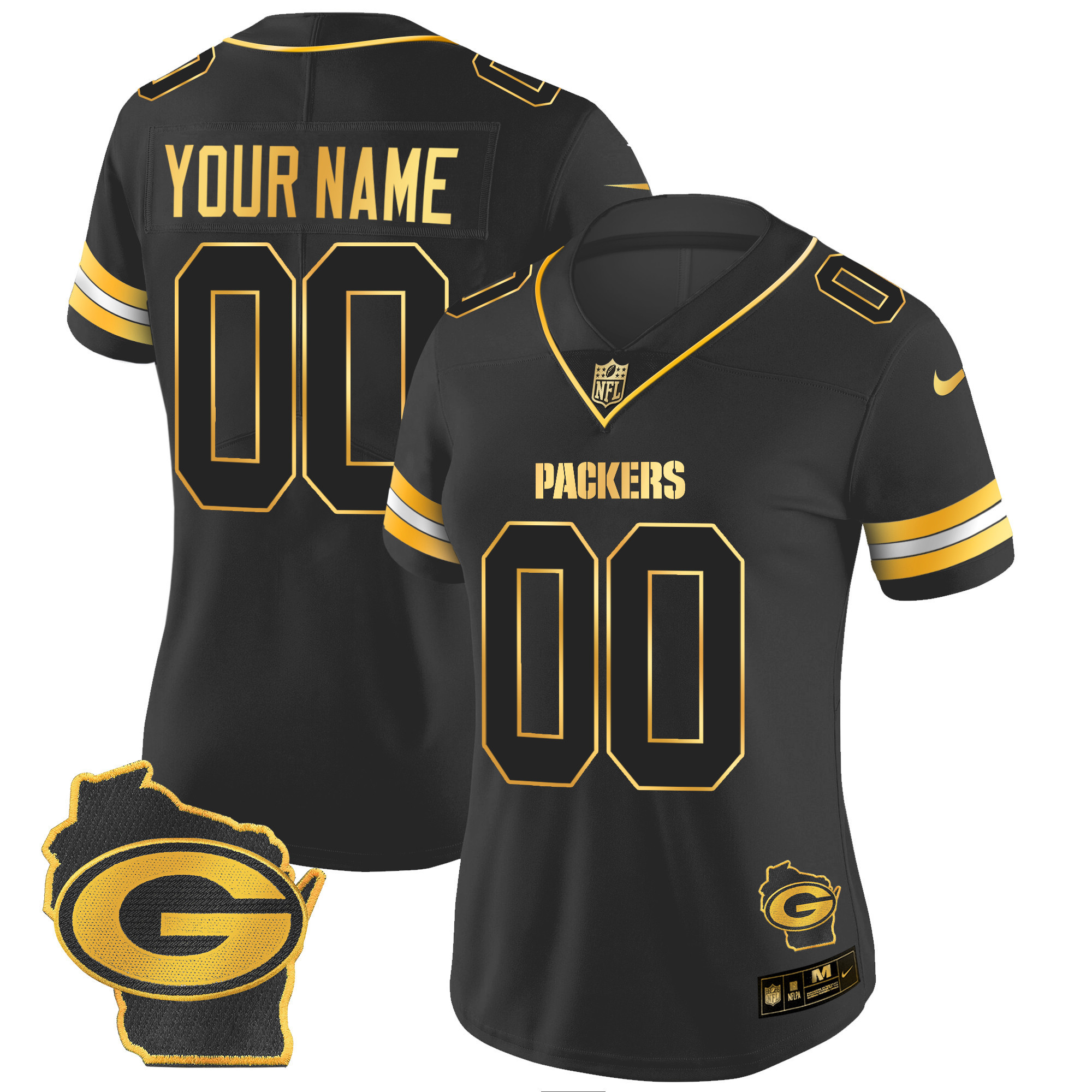 Women's Green Bay Packers Home Patch Gold Vapor Custom Black Gold Jersey - All Stitched