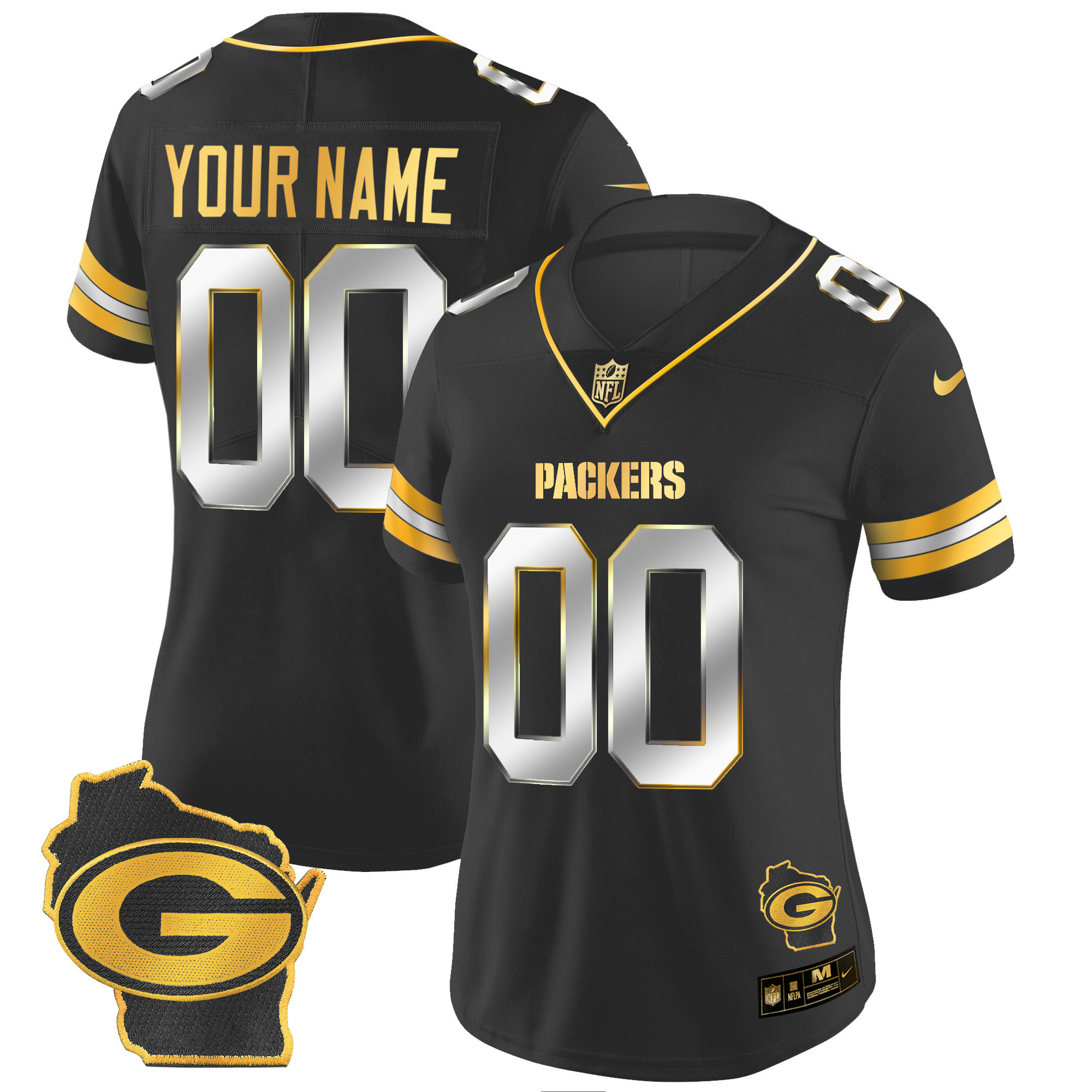 Women's Green Bay Packers Home Patch Gold Vapor Custom Black Limited Jersey - All Stitched