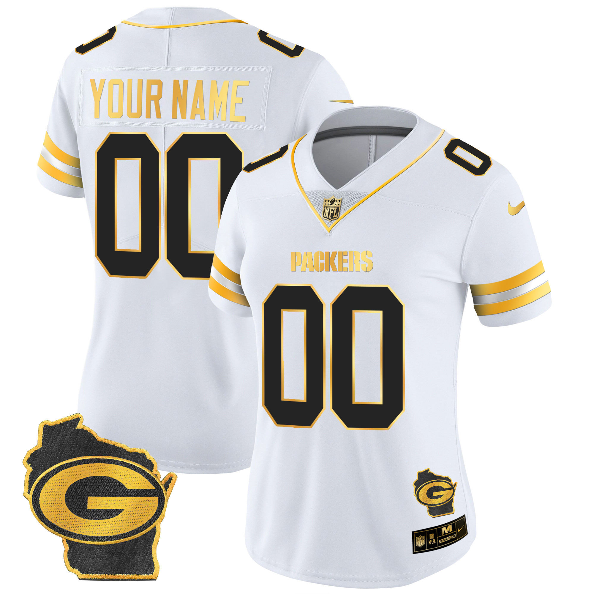 Women's Green Bay Packers Home Patch Gold Vapor Custom White Gold Jersey - All Stitched
