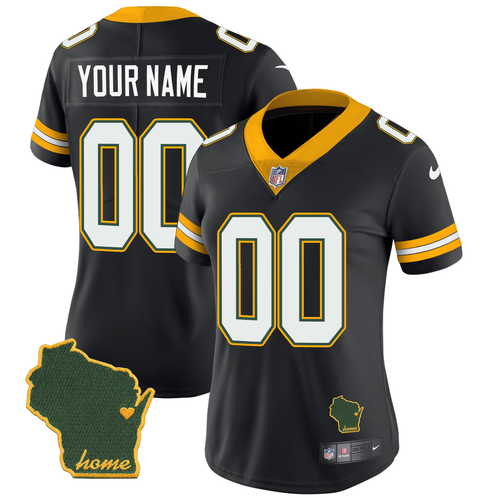 Women's Green Bay Packers Home Patch Vapor Custom Black Jersey - All Stitched