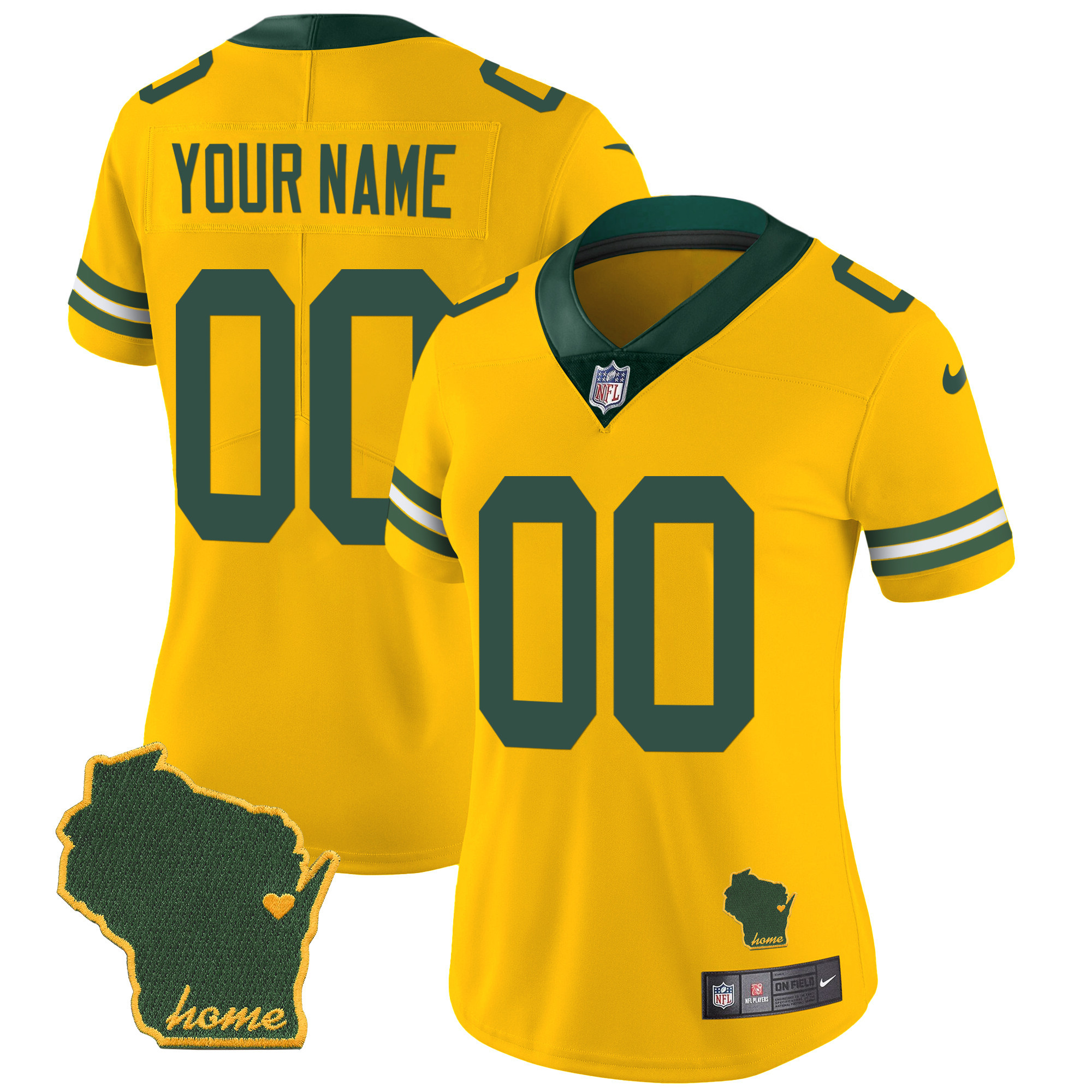 Women's Green Bay Packers Home Patch Vapor Custom Gold Jersey - All Stitched