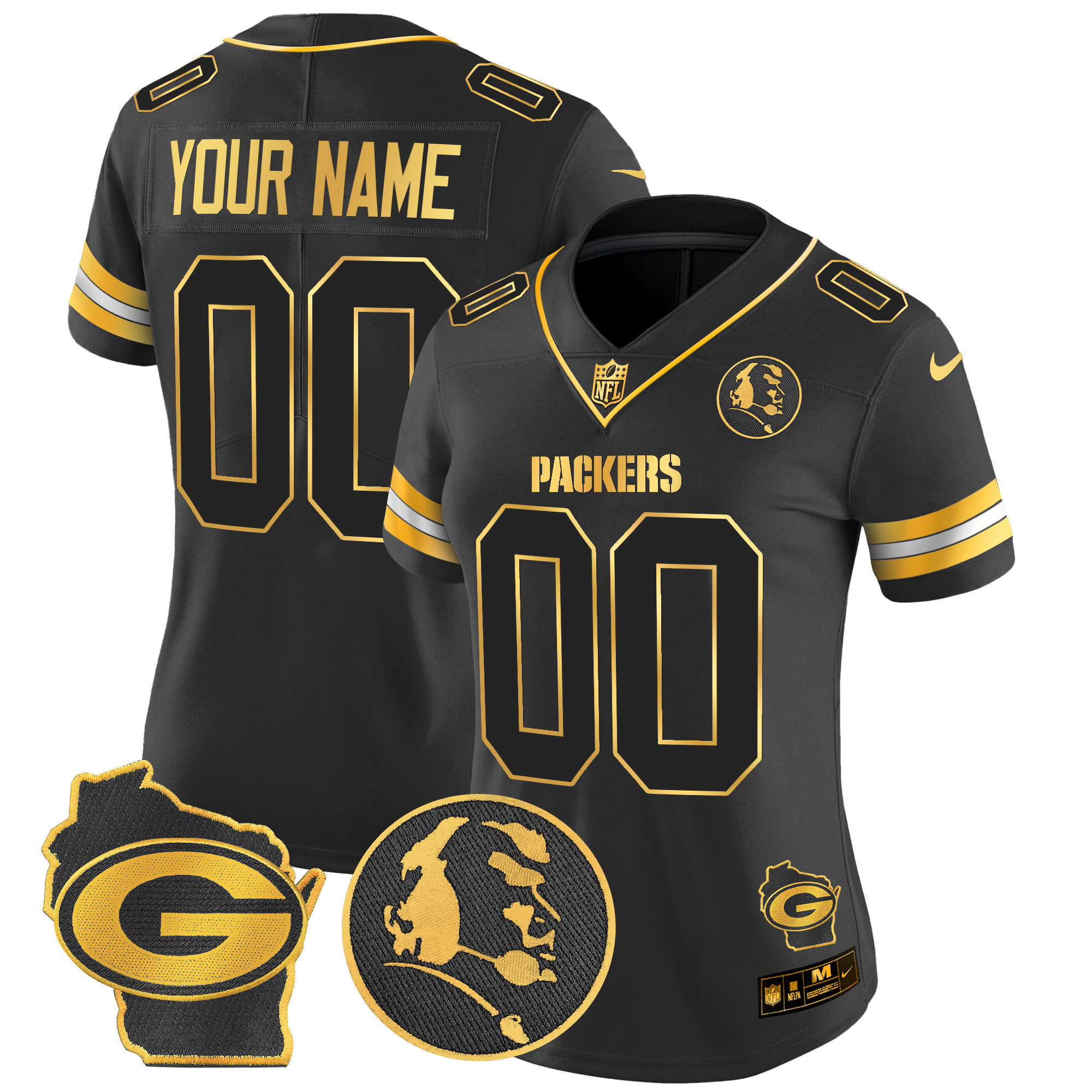 Women's Green Bay Packers John Madden & Home Patch Gold Vapor Limited Custom Black Gold Jersey - All Stitched