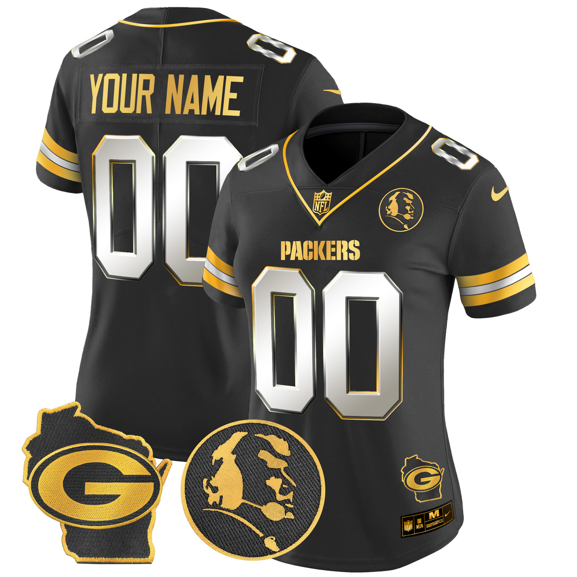 Women's Green Bay Packers John Madden & Home Patch Gold Vapor Limited Custom Black Limited Jersey - All Stitched