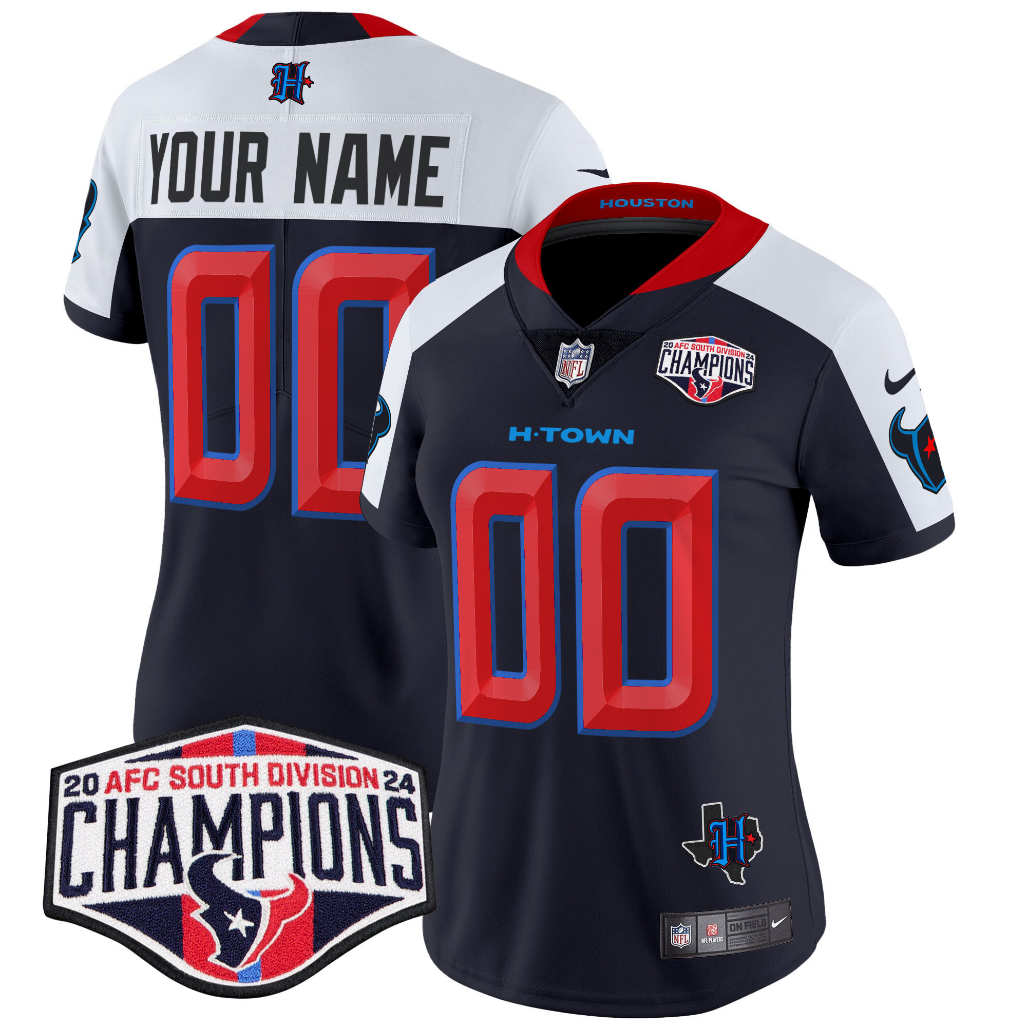Women's Houston Texans 2024 AFC South Division Champions Patch Vapor Limited Custom Navy Alternate Jersey - All Stitched