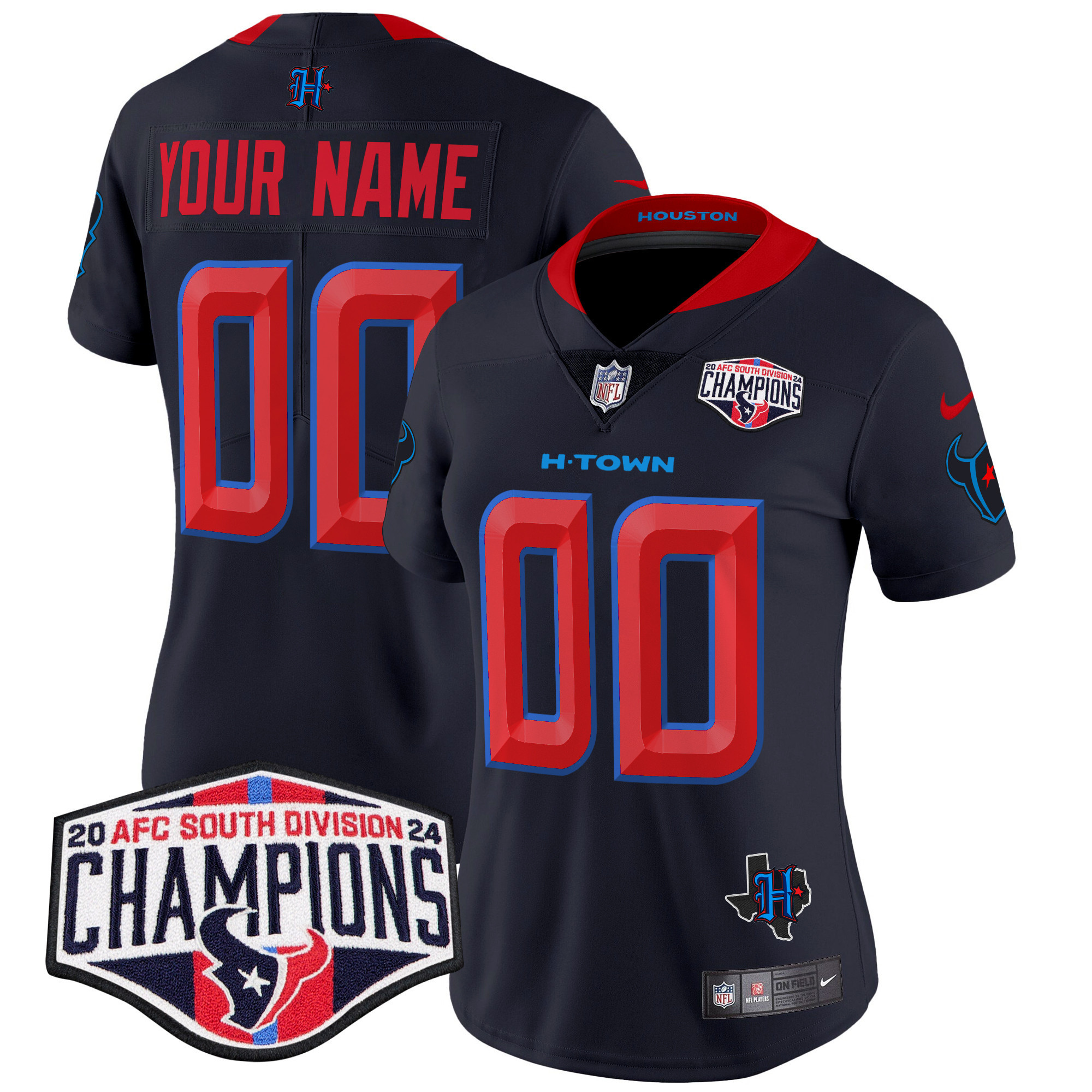 Women's Houston Texans 2024 AFC South Division Champions Patch Vapor Limited Custom Navy Limited Jersey - All Stitched
