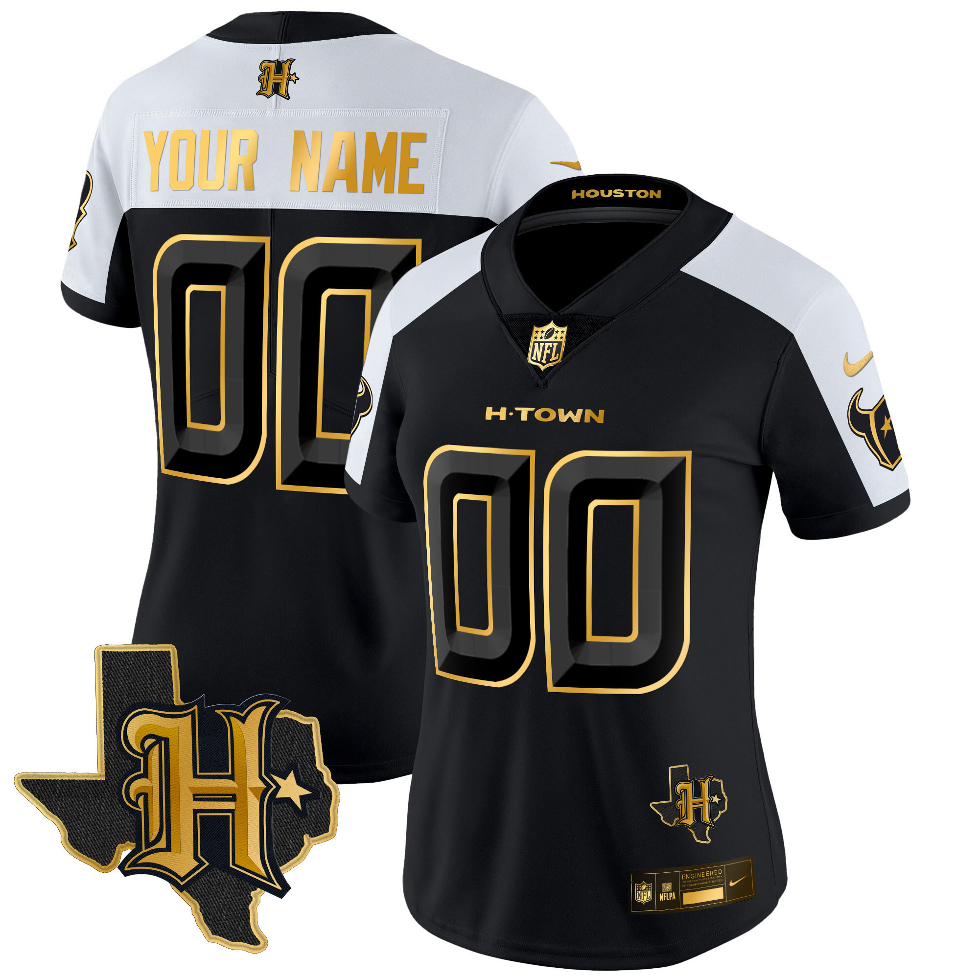 Women's Houston Texans 2024 Texas Patch Gold Vapor Limited Custom Alternate Jersey - All Stitched
