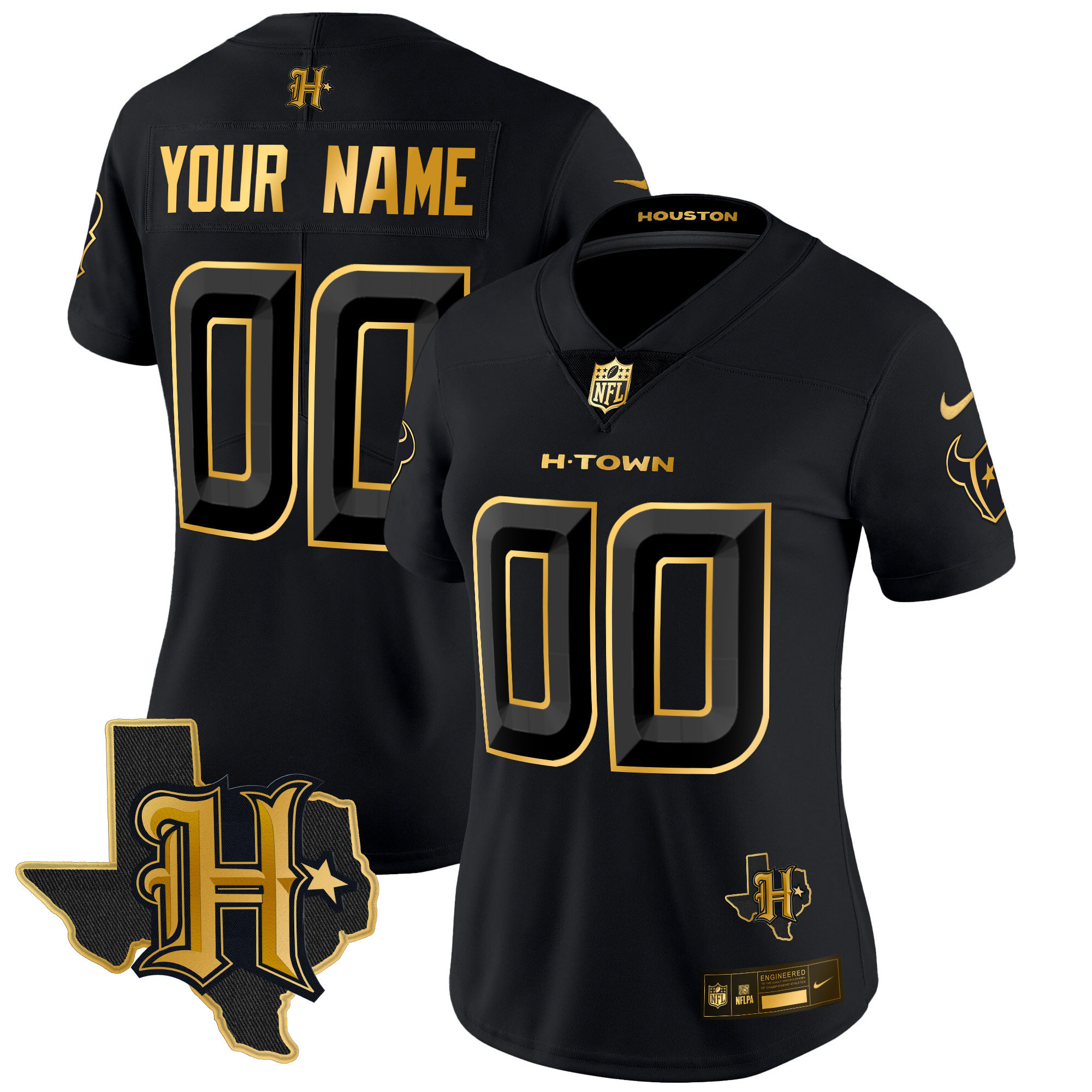 Women's Houston Texans 2024 Texas Patch Gold Vapor Limited Custom Black Gold Jersey - All Stitched