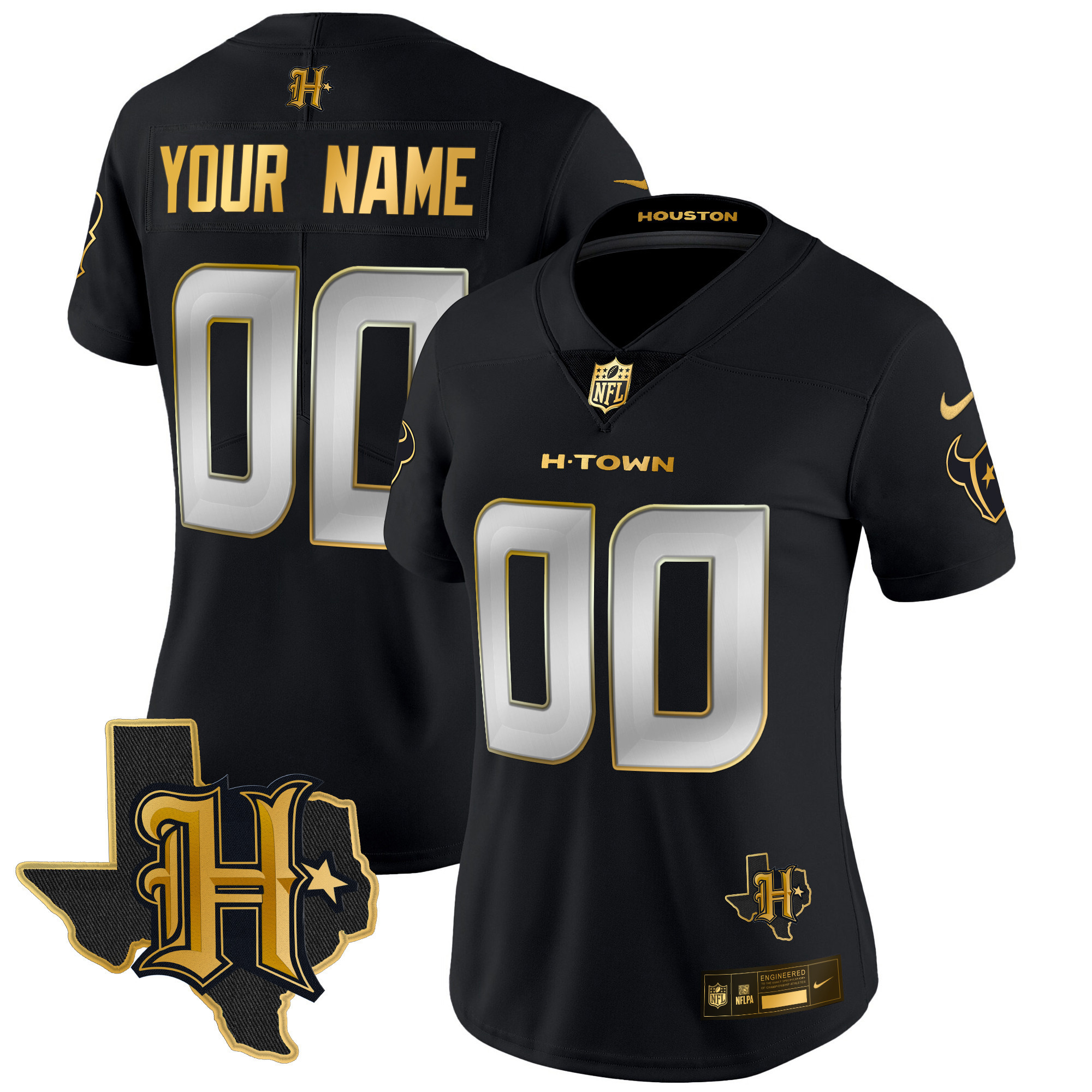 Women's Houston Texans 2024 Texas Patch Gold Vapor Limited Custom Black Limited Jersey - All Stitched