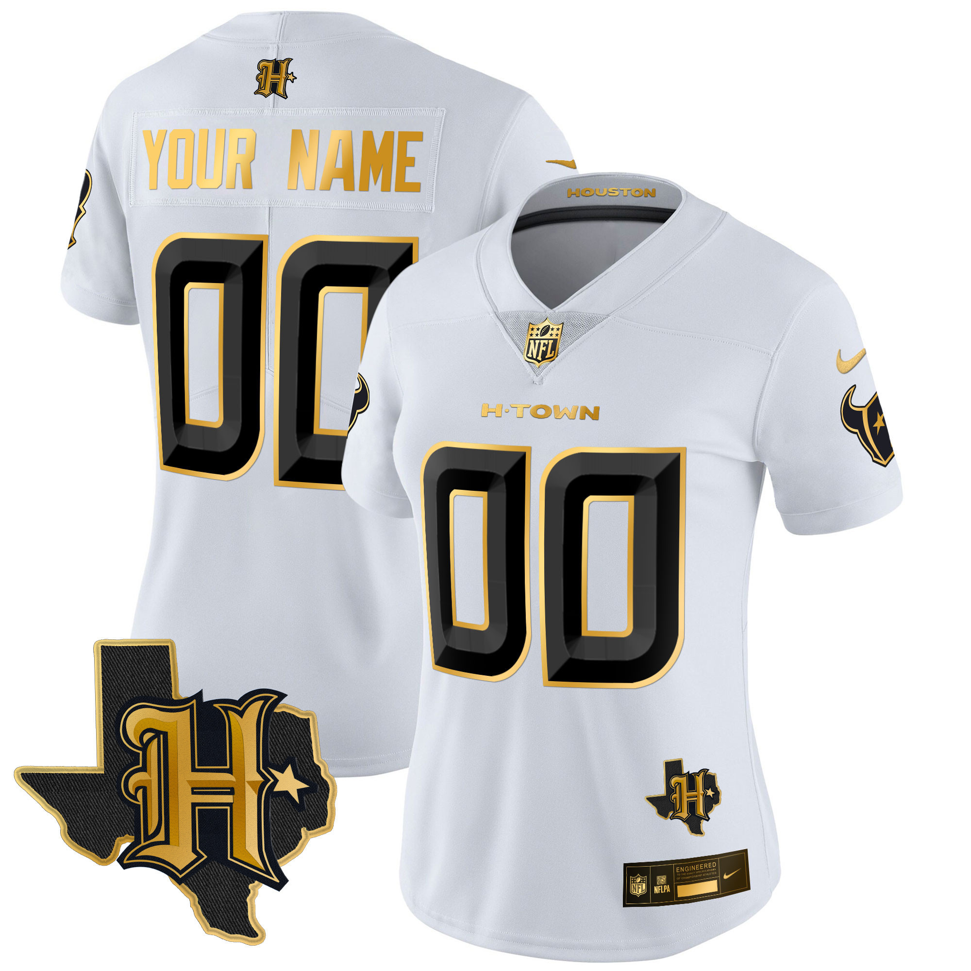 Women's Houston Texans 2024 Texas Patch Gold Vapor Limited Custom White Gold Jersey - All Stitched