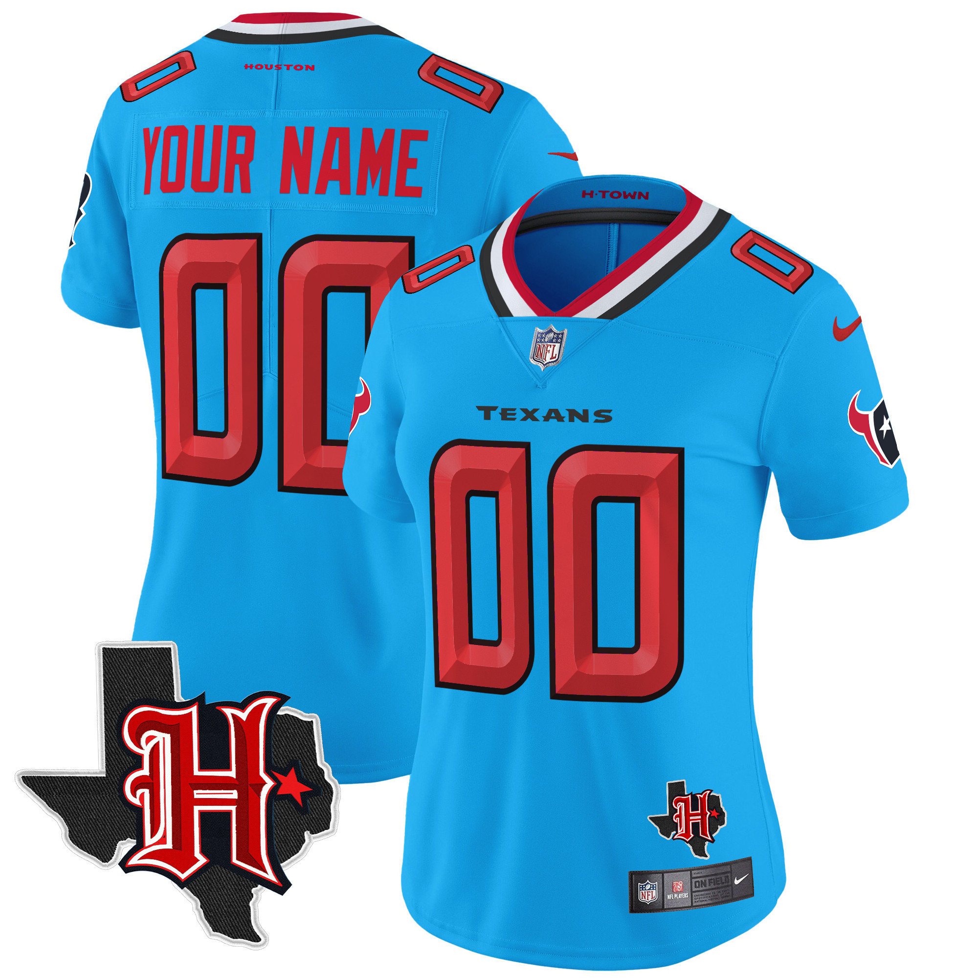 Women's Houston Texans 2024 Texas Patch Vapor Limited Custom Blue Jersey - All Stitched
