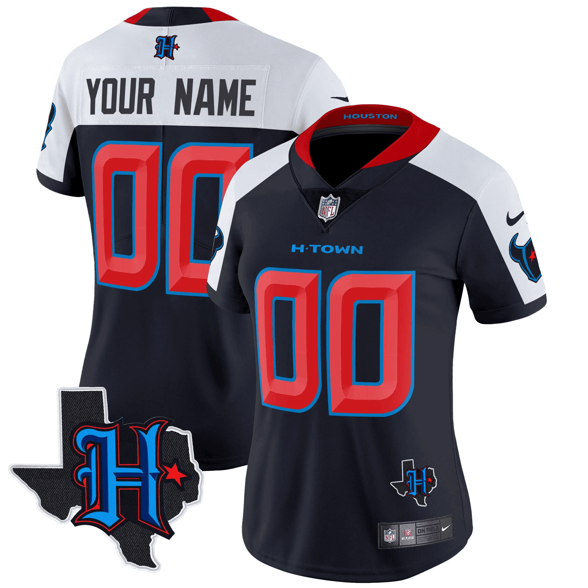 Women's Houston Texans 2024 Texas Patch Vapor Limited Custom Navy Alternate Jersey - All Stitched
