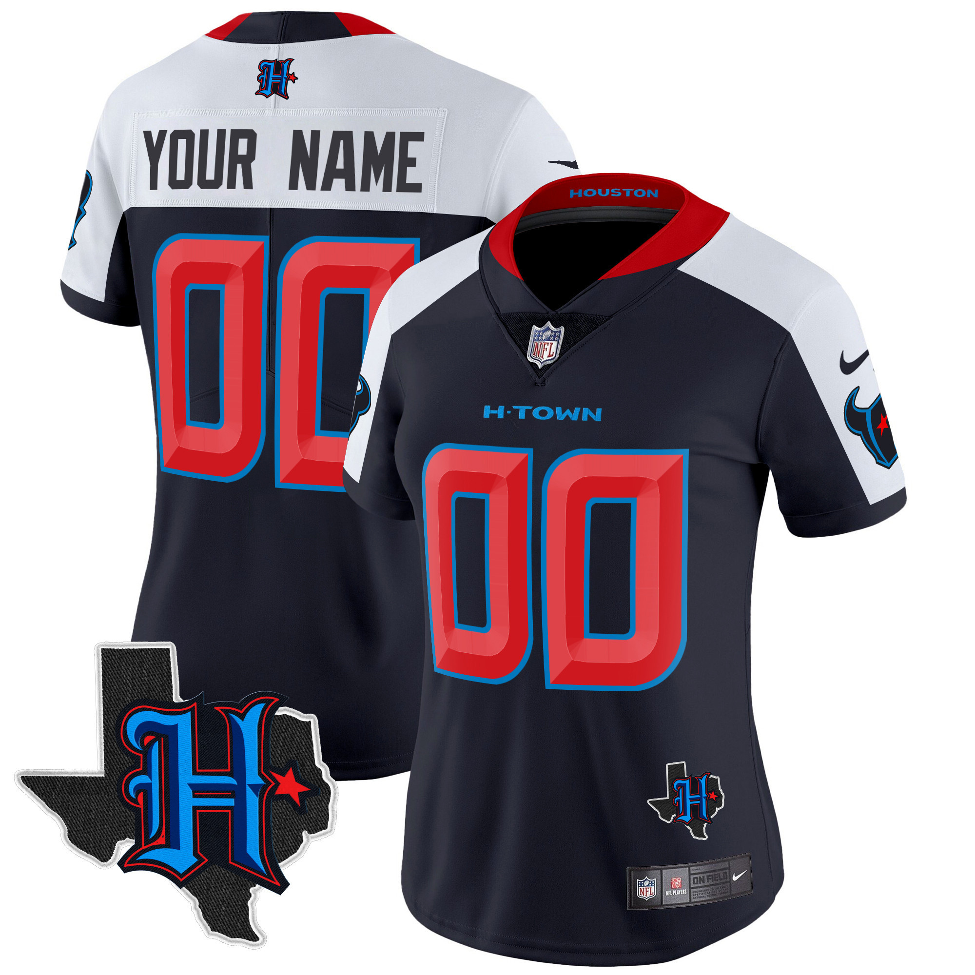 Women's Houston Texans 2024 Texas Patch Vapor Limited Custom Navy Alternate Jersey - All Stitched