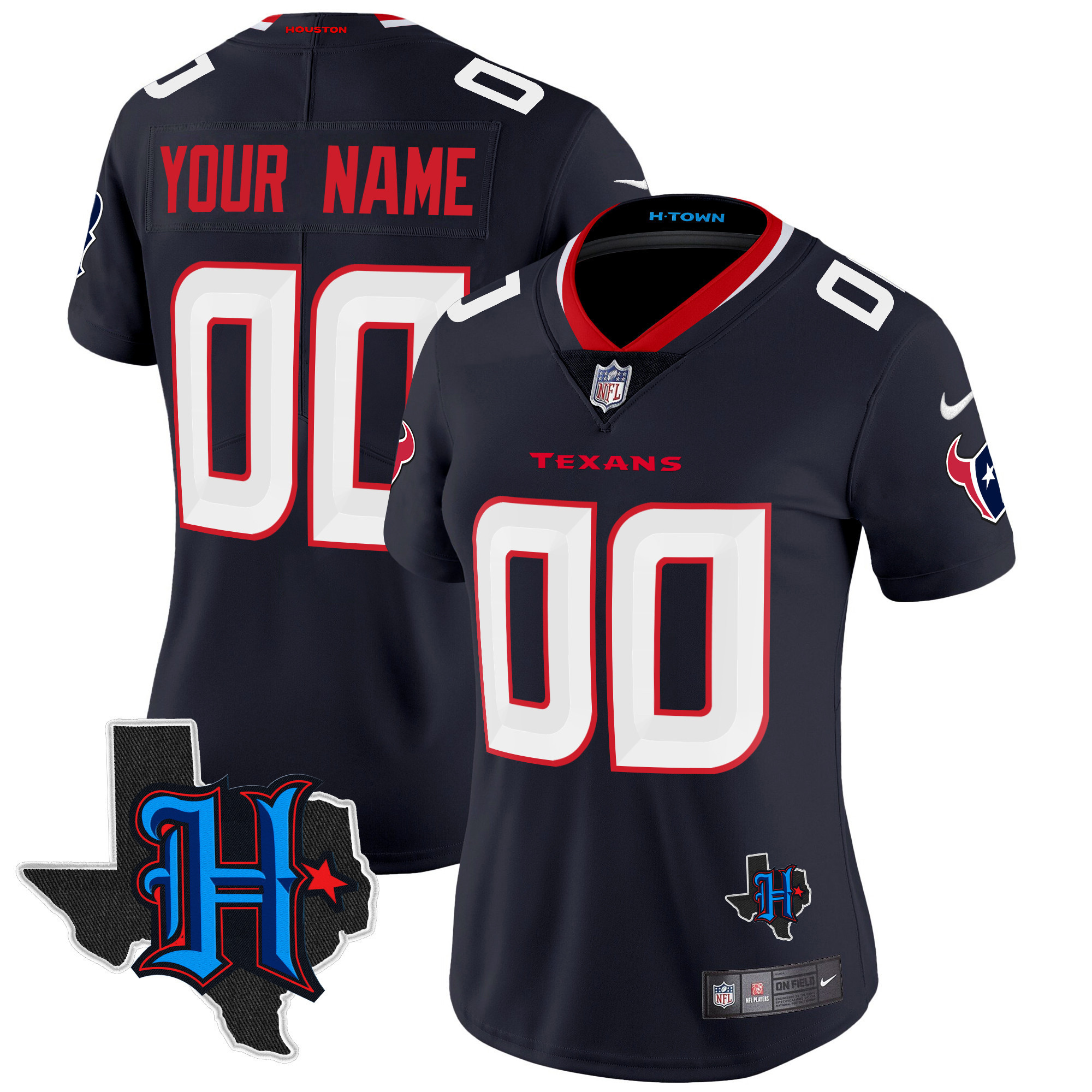 Women's Houston Texans 2024 Texas Patch Vapor Limited Custom Navy Jersey - All Stitched