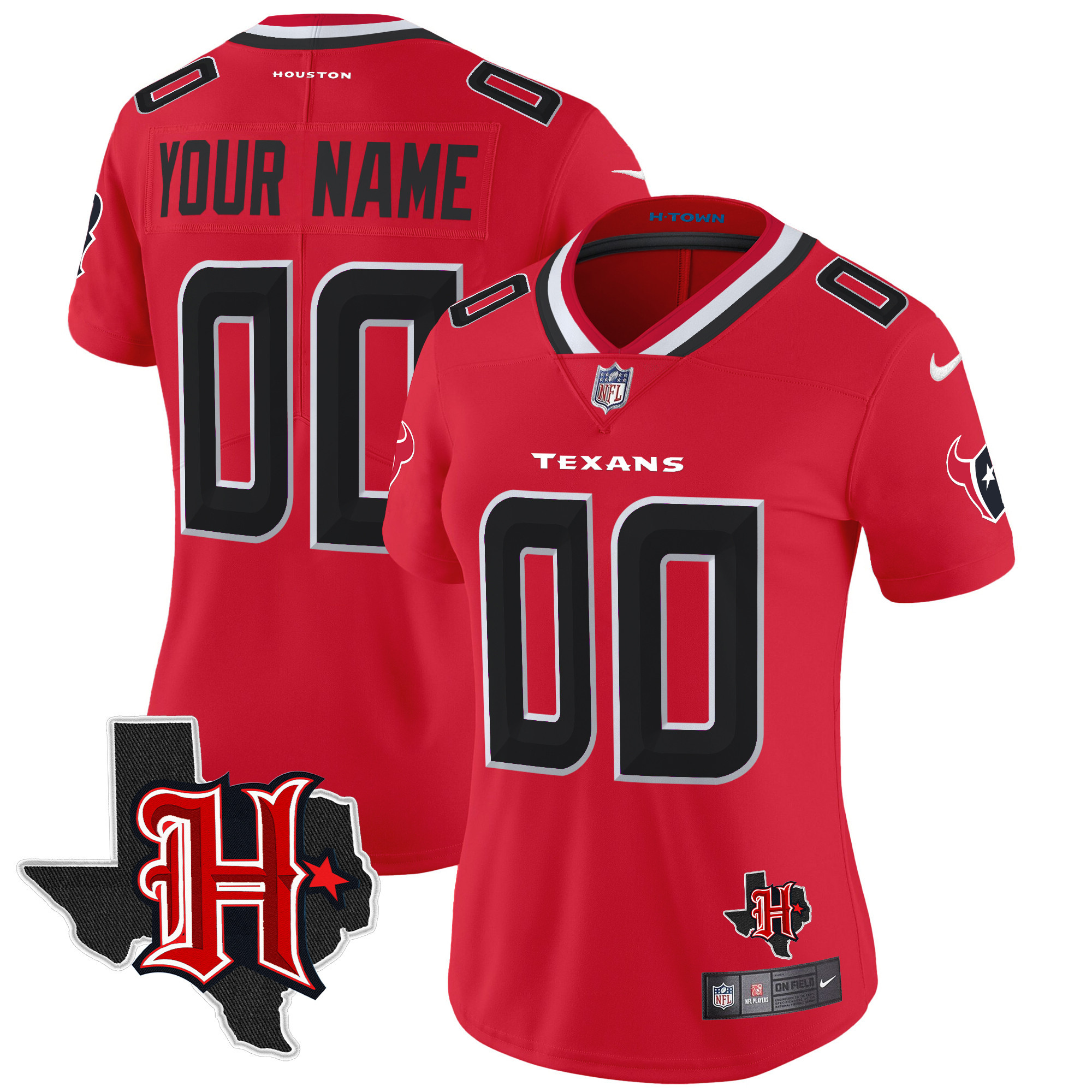 Women's Houston Texans 2024 Texas Patch Vapor Limited Custom Red Jersey - All Stitched