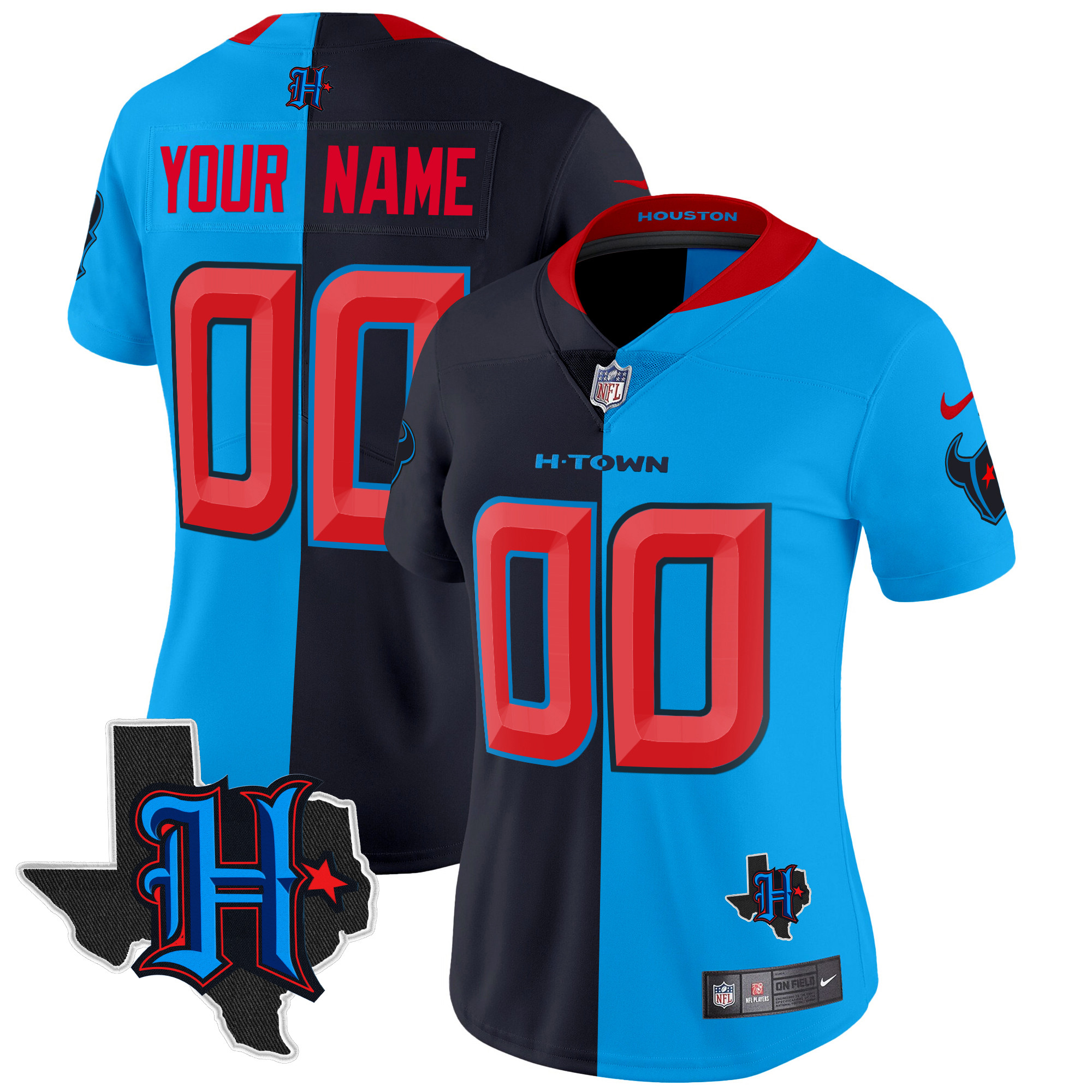 Women's Houston Texans 2024 Texas Patch Vapor Limited Custom Split Jersey - All Stitched