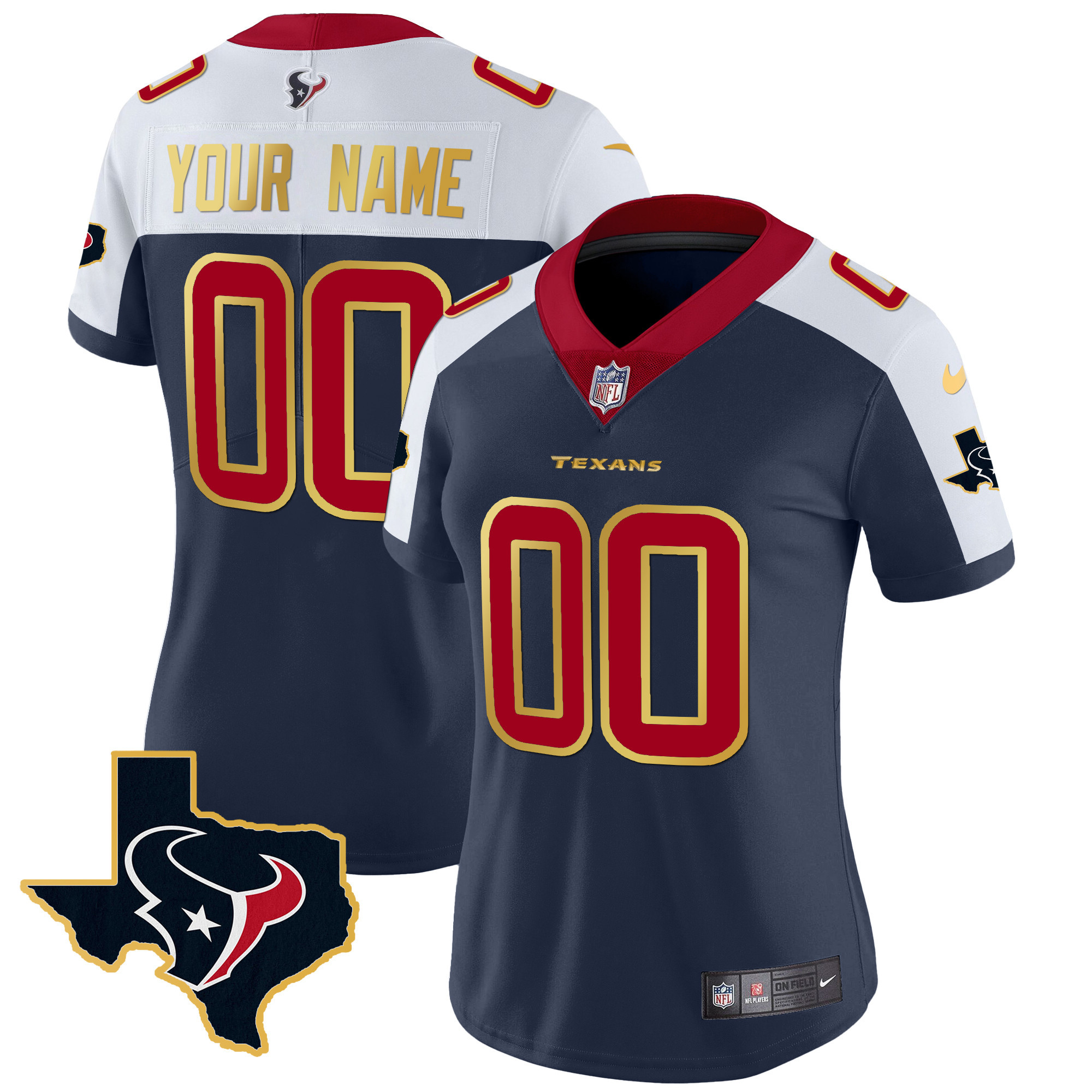 Women's Houston Texans Gold Trim Vapor Custom Alternate Jersey - All Stitched