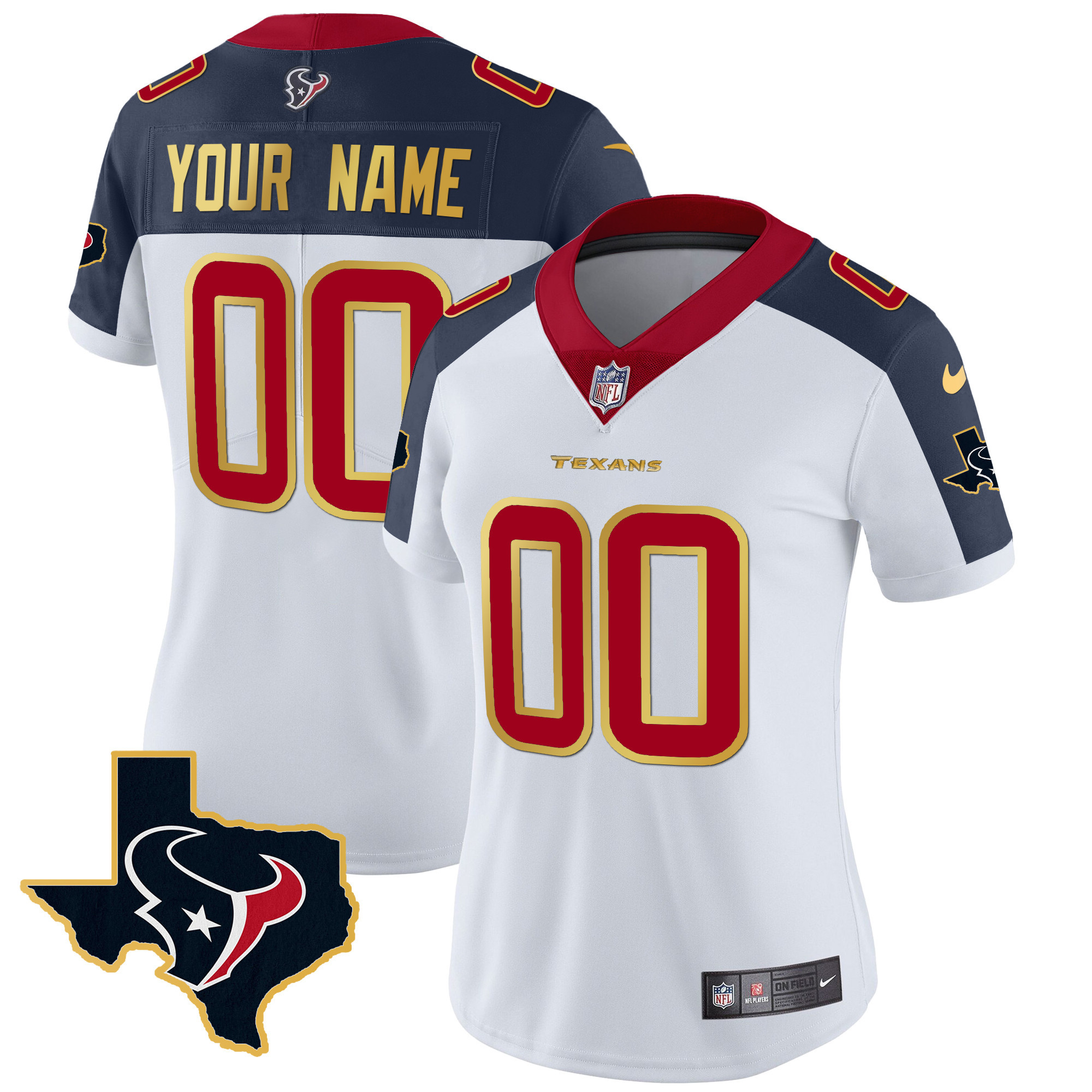 Women's Houston Texans Gold Trim Vapor Custom Inverted Jersey - All Stitched