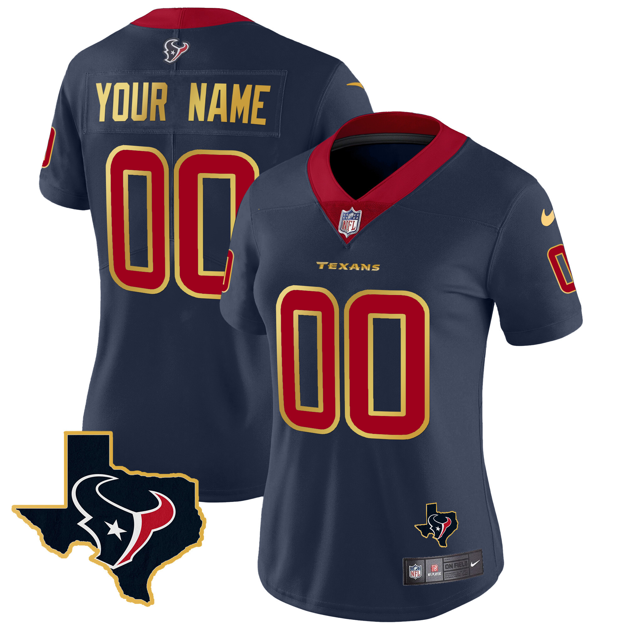 Women's Houston Texans Gold Trim Vapor Custom Navy Jersey - All Stitched