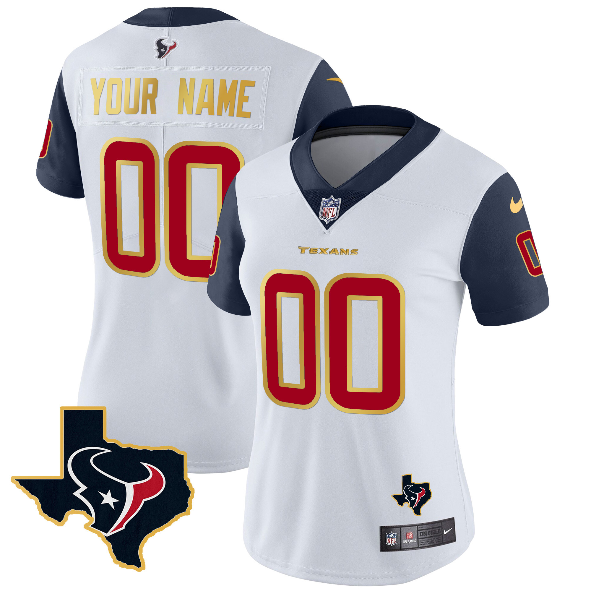 Women's Houston Texans Gold Trim Vapor Custom Navy Sleeves Jersey - All Stitched
