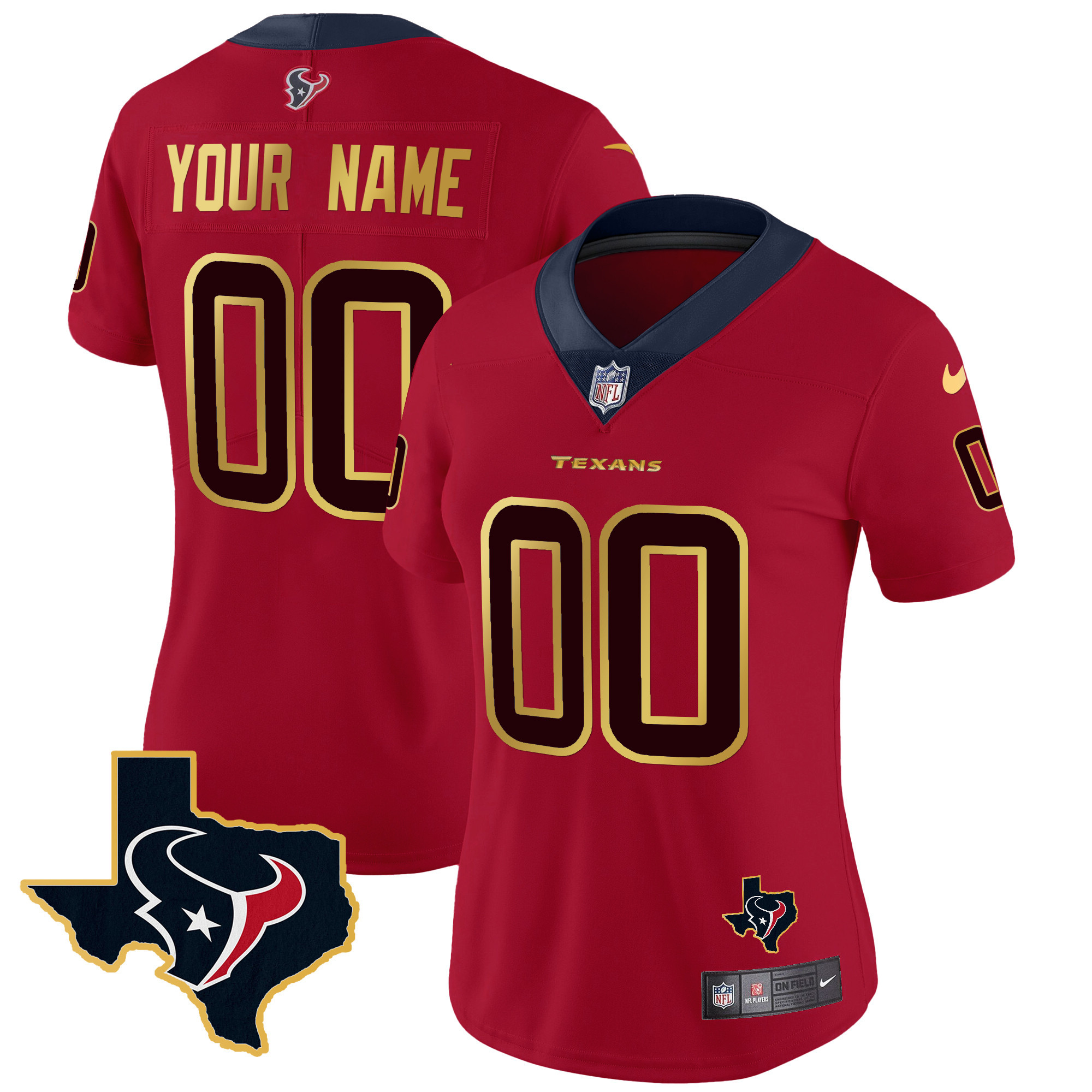 Women's Houston Texans Gold Trim Vapor Custom Red Jersey - All Stitched
