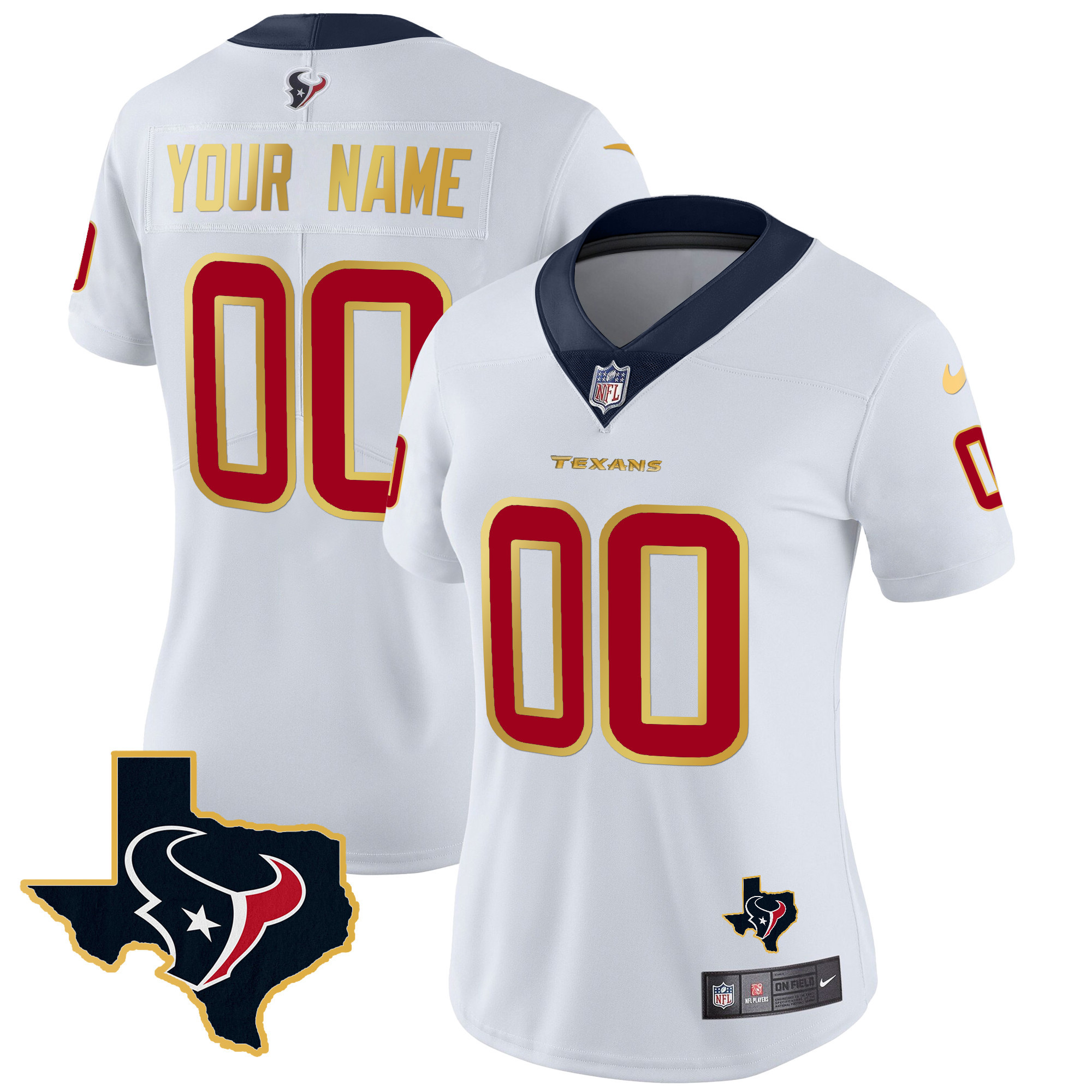 Women's Houston Texans Gold Trim Vapor Custom White Jersey - All Stitched