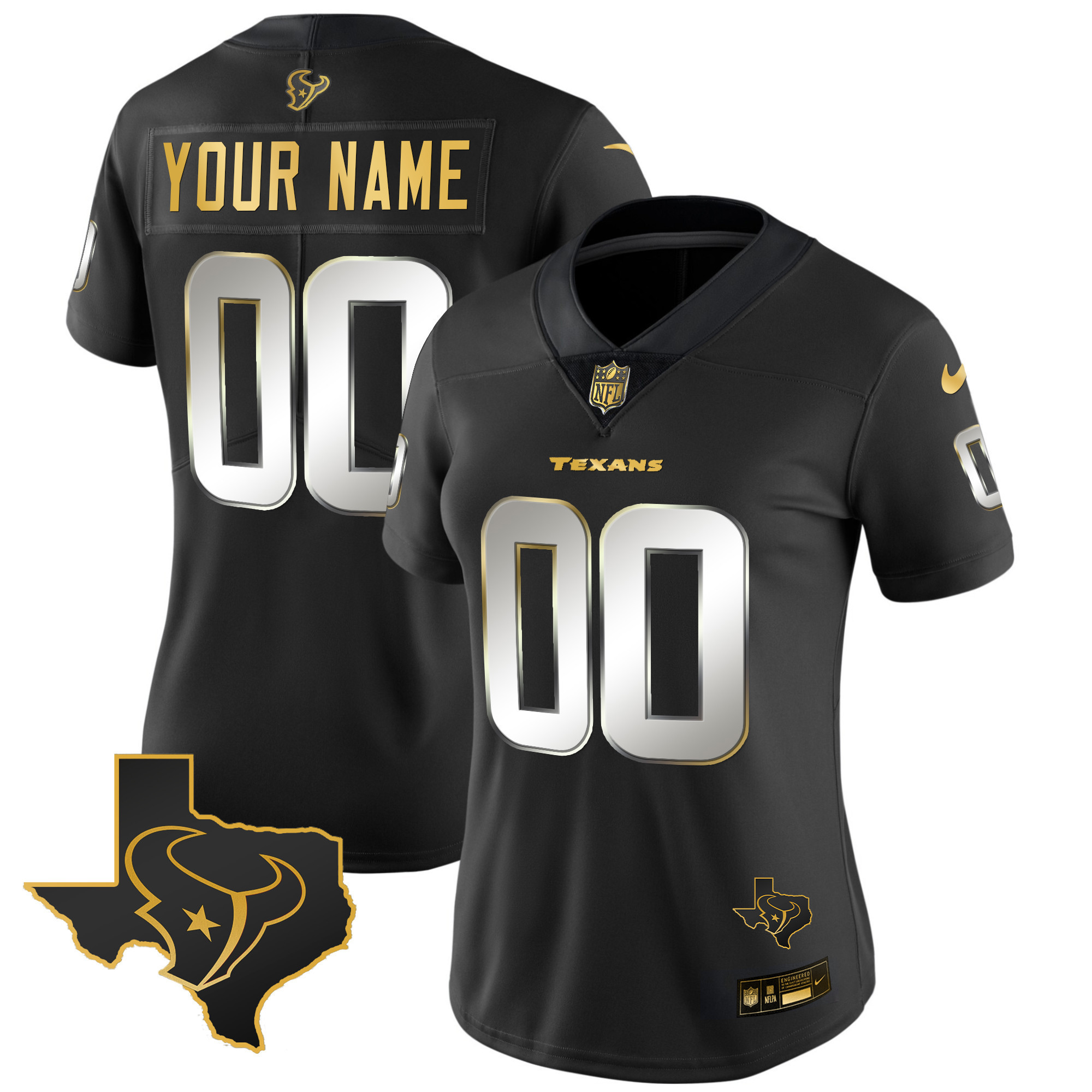 Women's Houston Texans Gold Vapor Limited Custom Black Limited Jersey - All Stitched