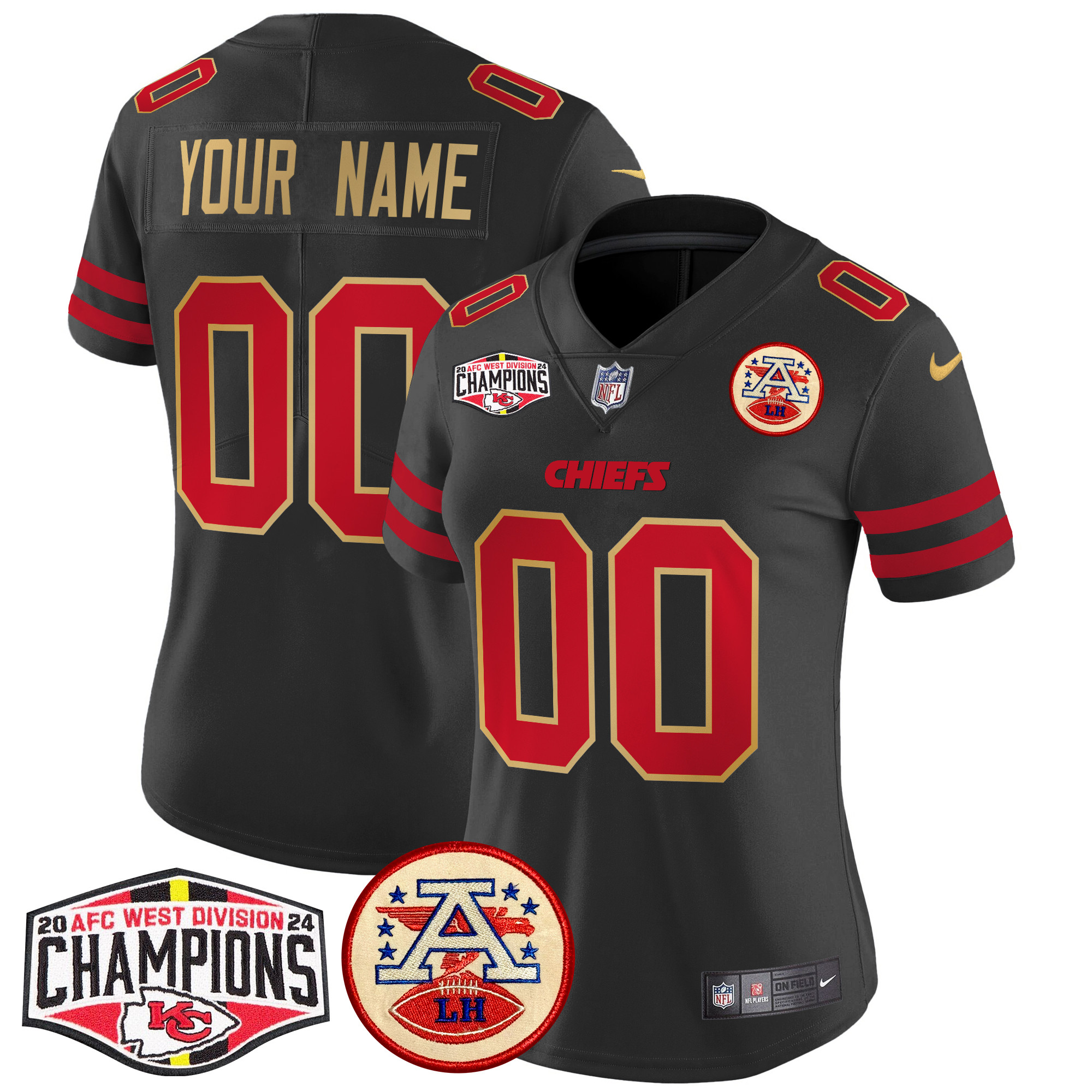 Women's Kansas City Chiefs 2024 AFC West Division Champions Patch Vapor Limited Custom Gold Trim Jersey - All Stitched