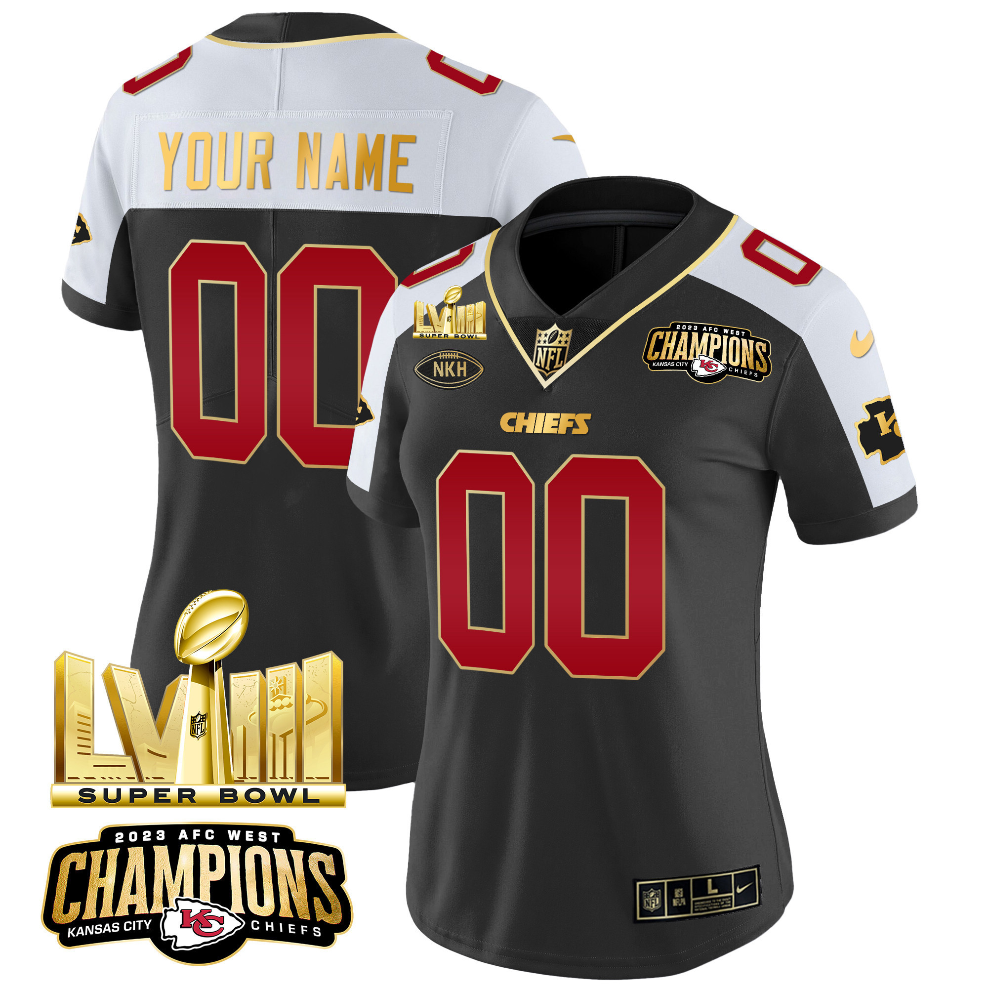 Women's Kansas City Chiefs AFC West Champions & Super Bowl LVIII Gold Patch Vapor Custom Black Alternate Jersey - All Stitched