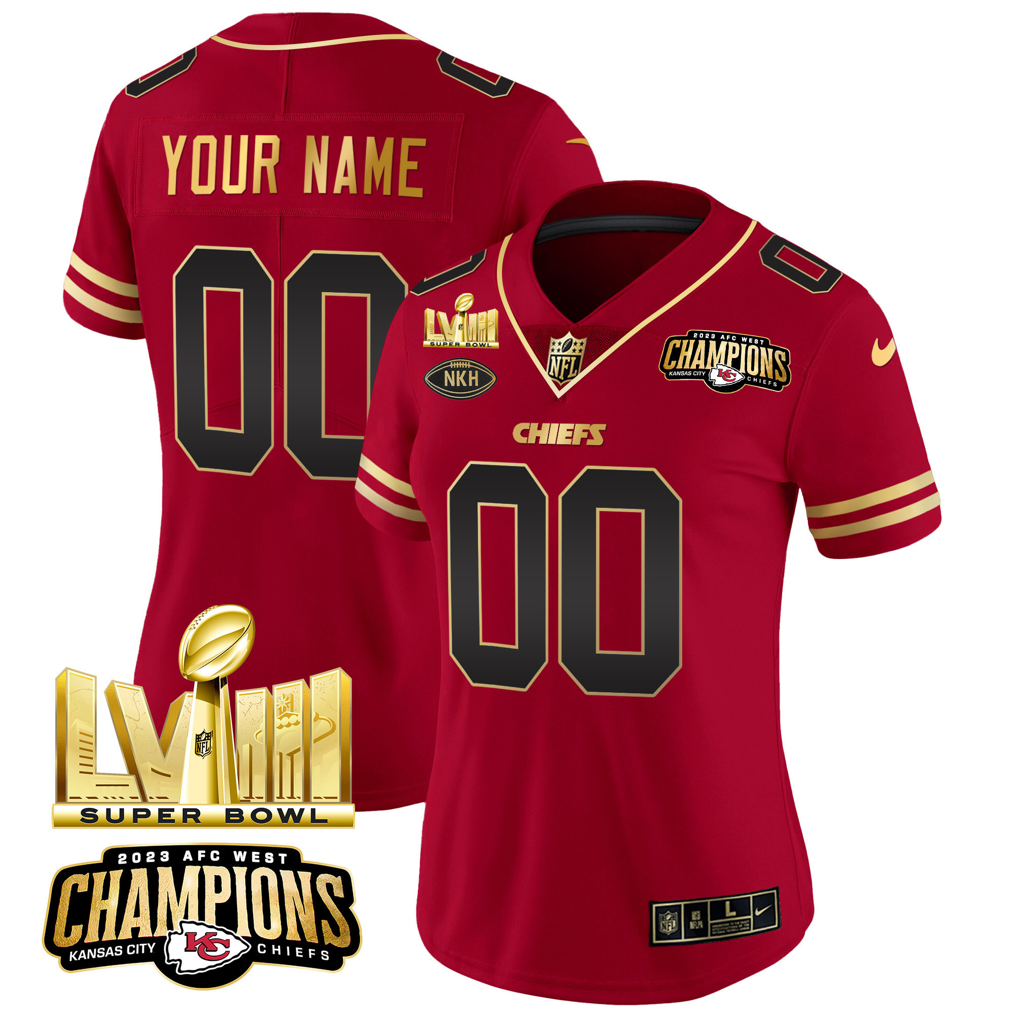 Women's Kansas City Chiefs AFC West Champions & Super Bowl LVIII Gold Patch Vapor Custom Black Red Jersey - All Stitched