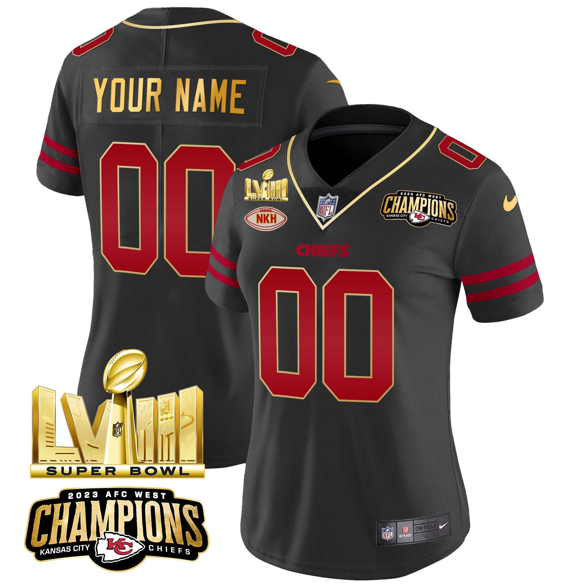 Women's Kansas City Chiefs AFC West Champions & Super Bowl LVIII Gold Patch Vapor Custom Gold Trim Jersey - All Stitched
