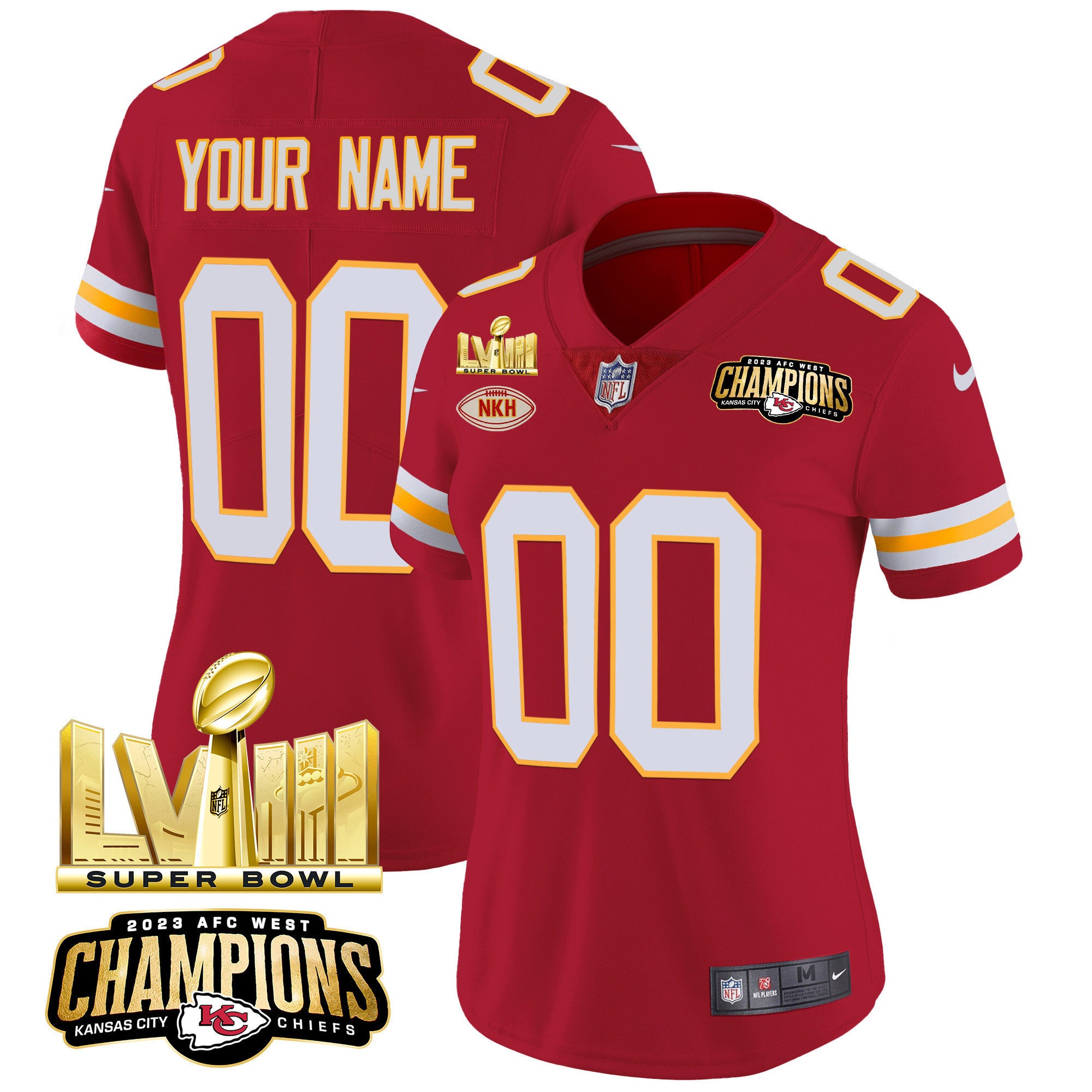 Women's Kansas City Chiefs AFC West Champions & Super Bowl LVIII Gold Patch Vapor Custom Red Jersey - All Stitched
