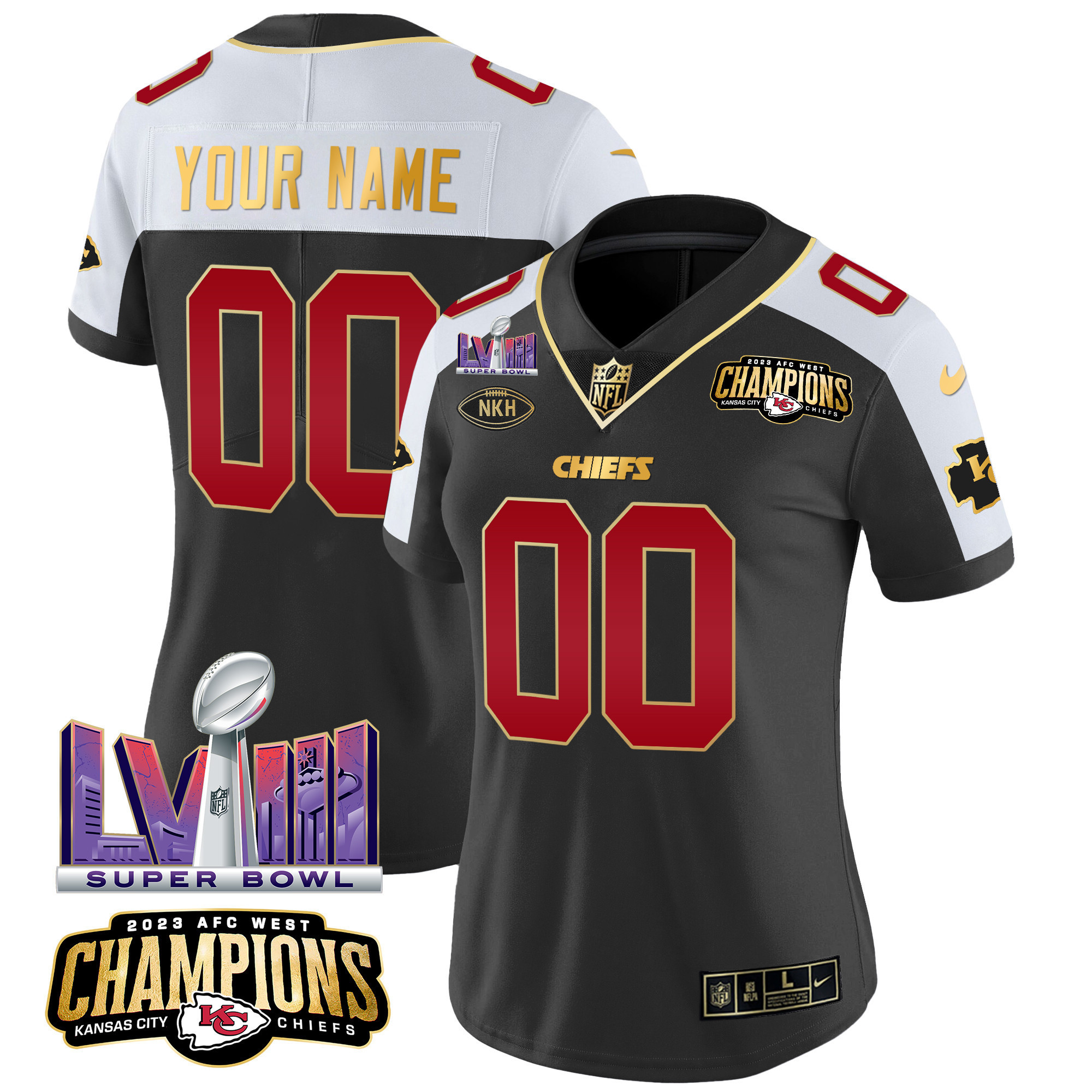 Women's Kansas City Chiefs AFC West Champions & Super Bowl LVIII Patch Vapor Custom Black Alternate Jersey - All Stitched