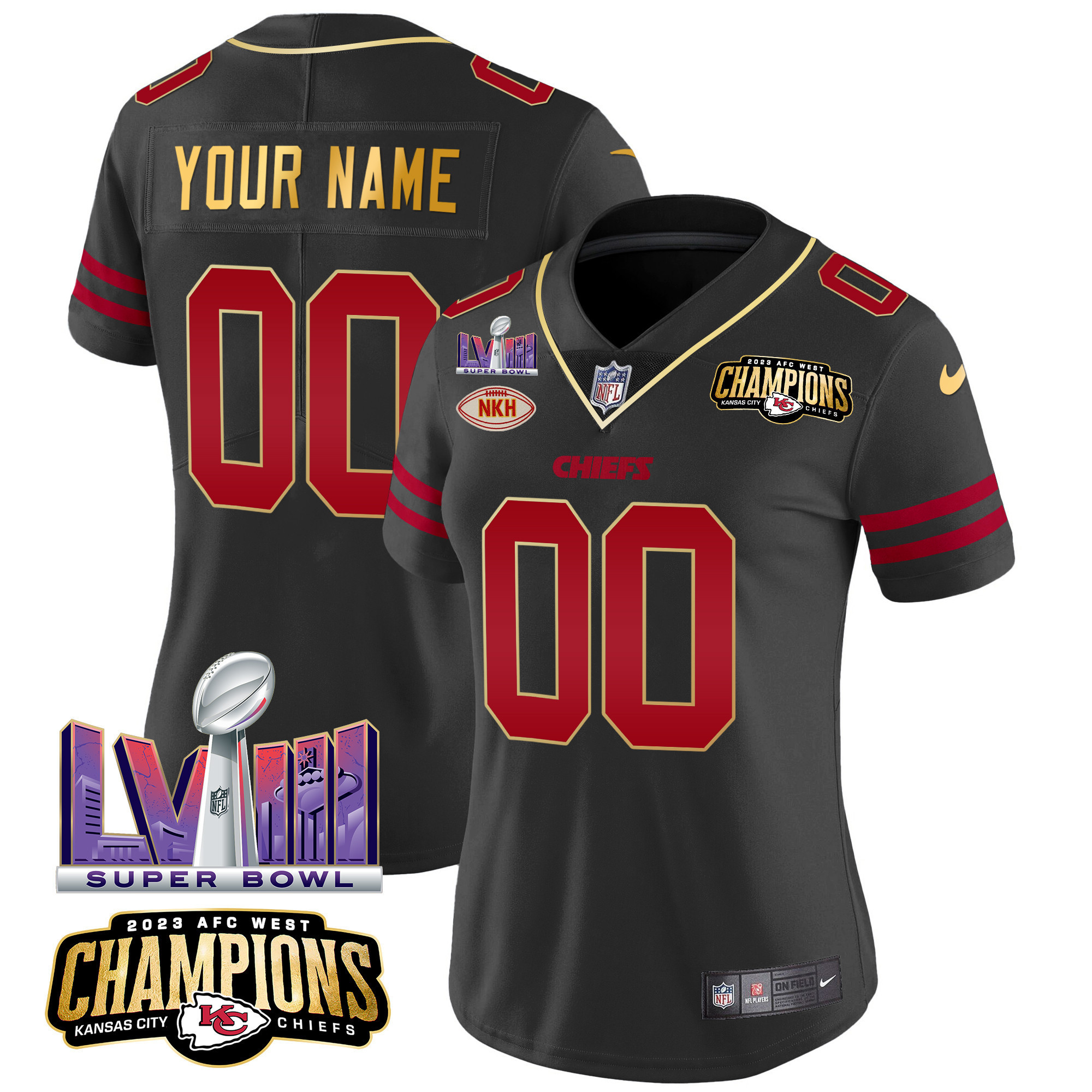 Women's Kansas City Chiefs AFC West Champions & Super Bowl LVIII Patch Vapor Custom Gold Trim Jersey - All Stitched