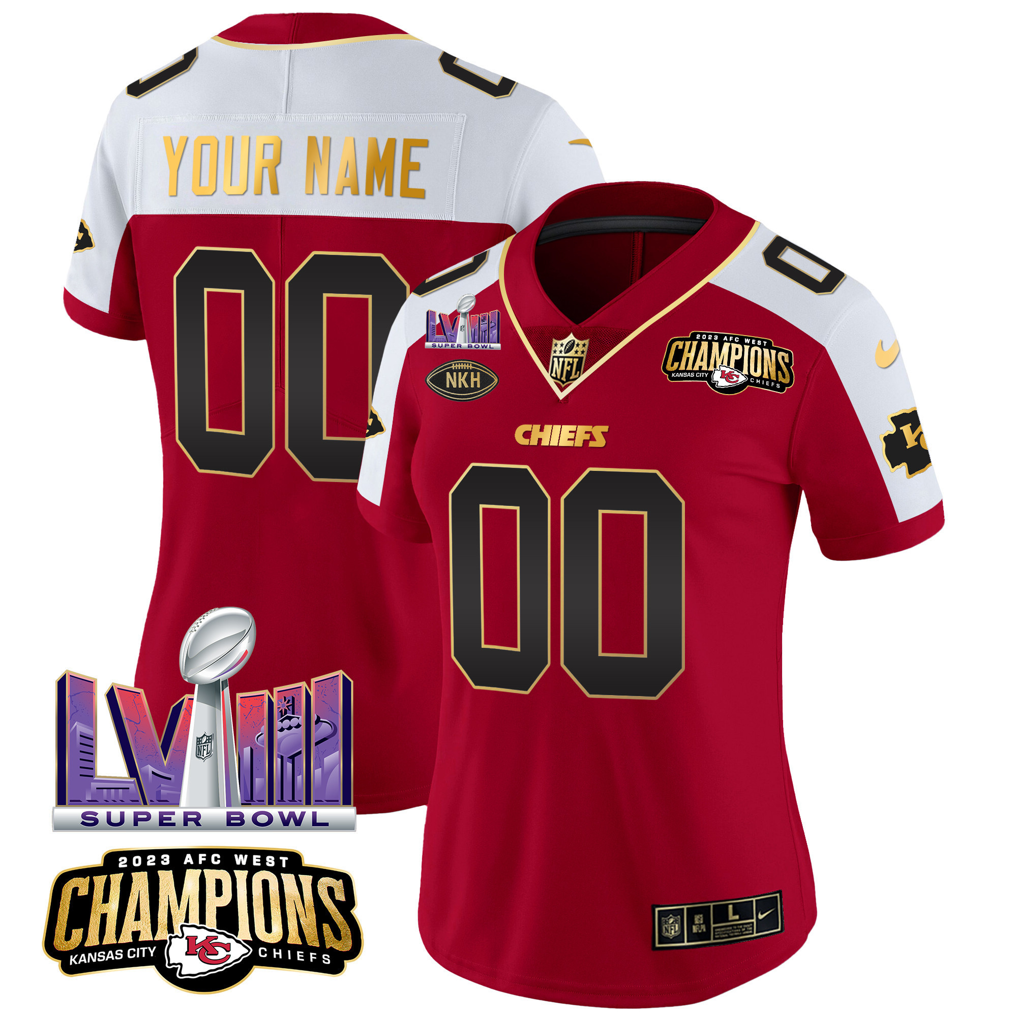 Women's Kansas City Chiefs AFC West Champions & Super Bowl LVIII Patch Vapor Custom Red Alternate Jersey - All Stitched