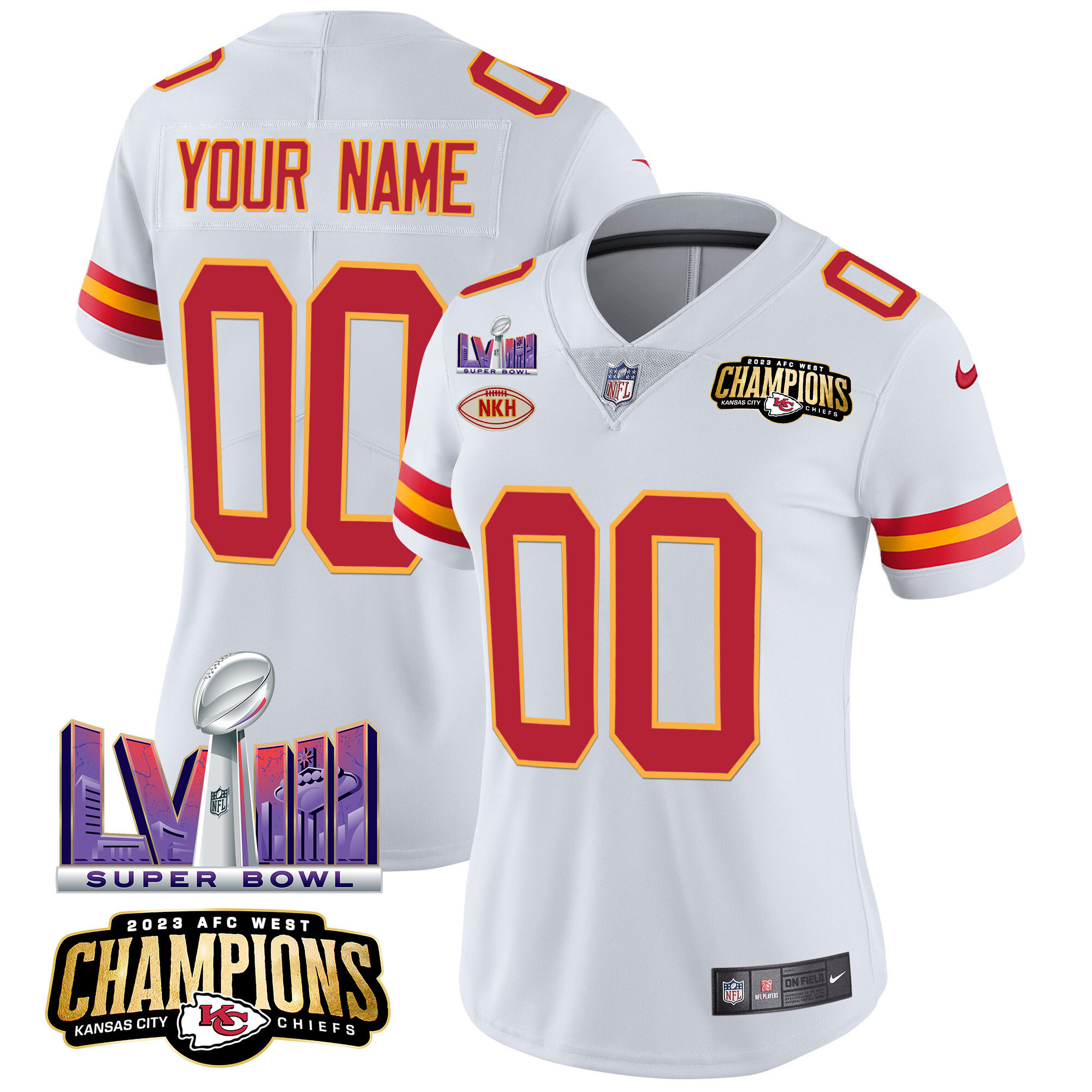 Women's Kansas City Chiefs AFC West Champions & Super Bowl LVIII Patch Vapor Custom White Jersey - All Stitched