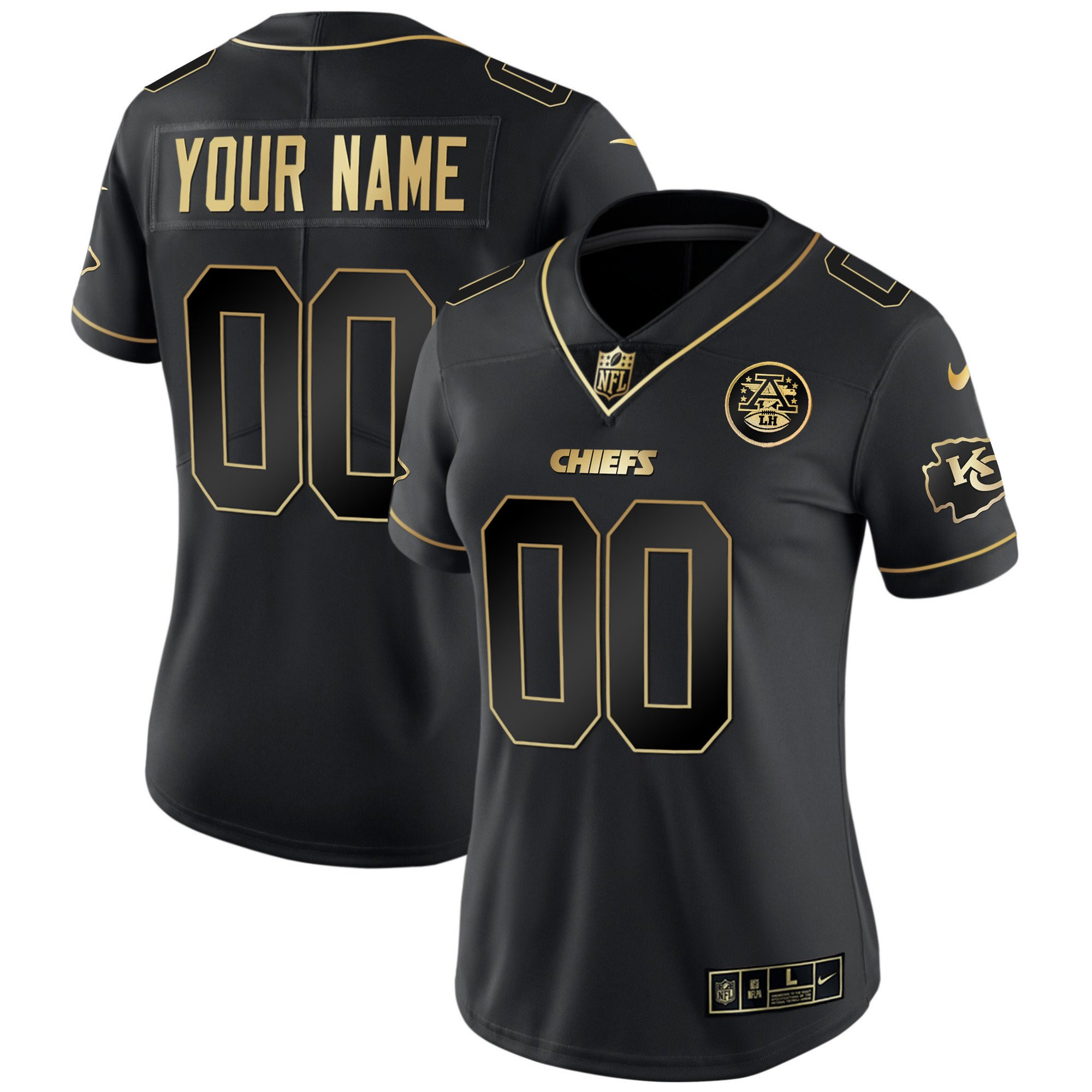 Women's Kansas City Chiefs Custom Name & Number Black Gold Jersey - All Stitched