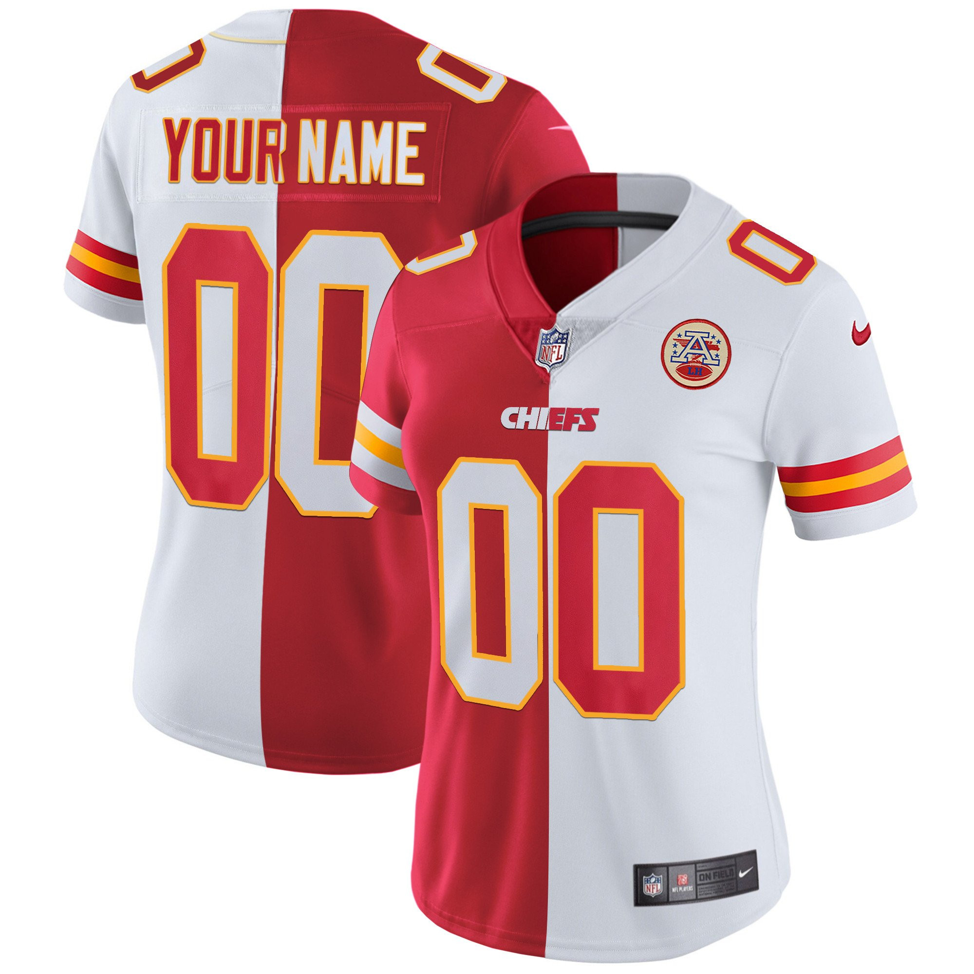Women's Kansas City Chiefs Custom Name & Number Split Jersey - All Stitched