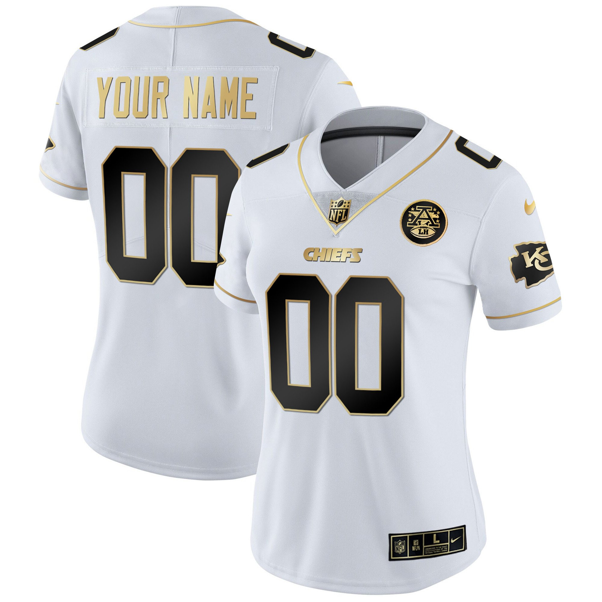 Women's Kansas City Chiefs Custom Name & Number White Gold Jersey - All Stitched