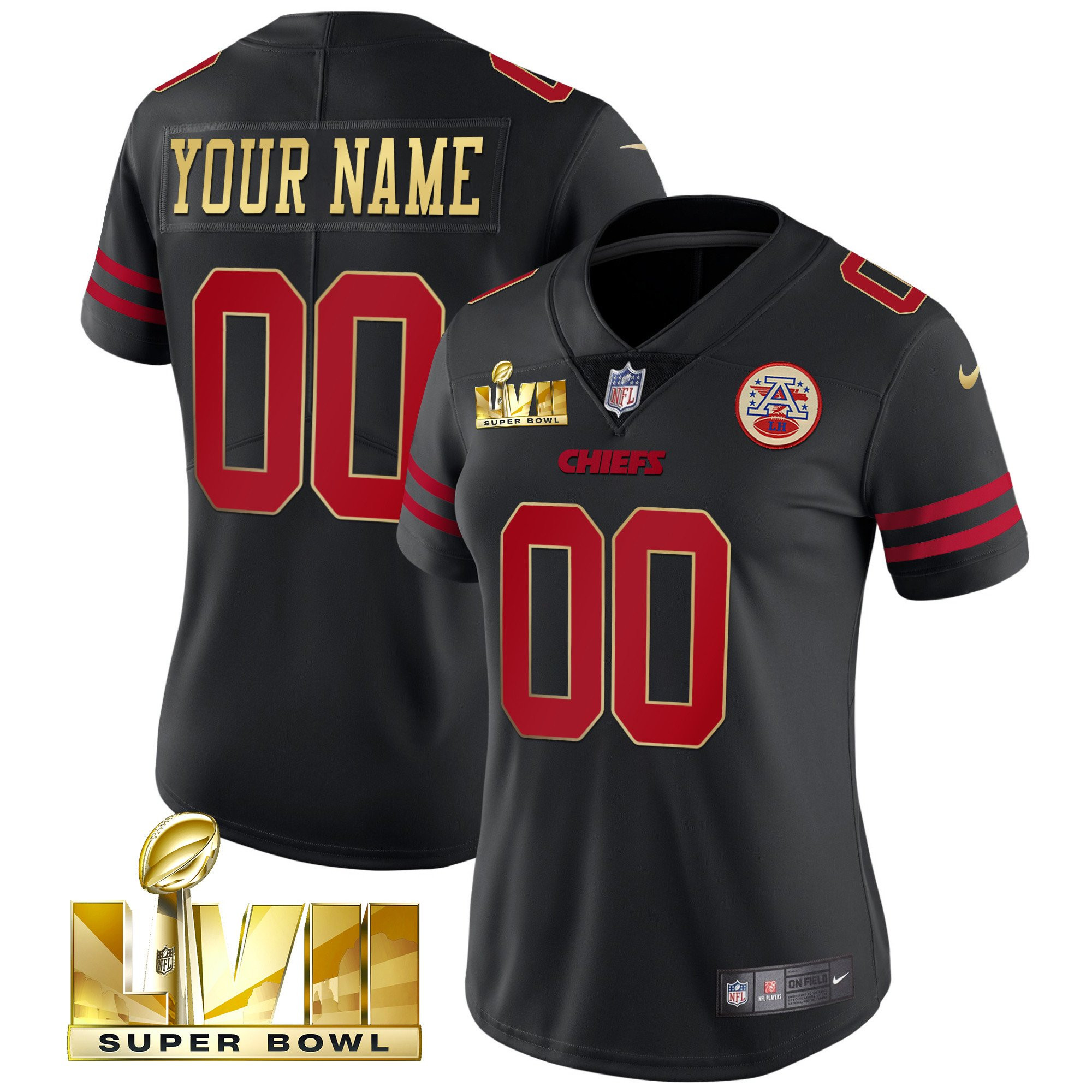 Women's Kansas City Chiefs Super Bowl Custom Name & Number Black Gold Trim Jersey - All Stitched