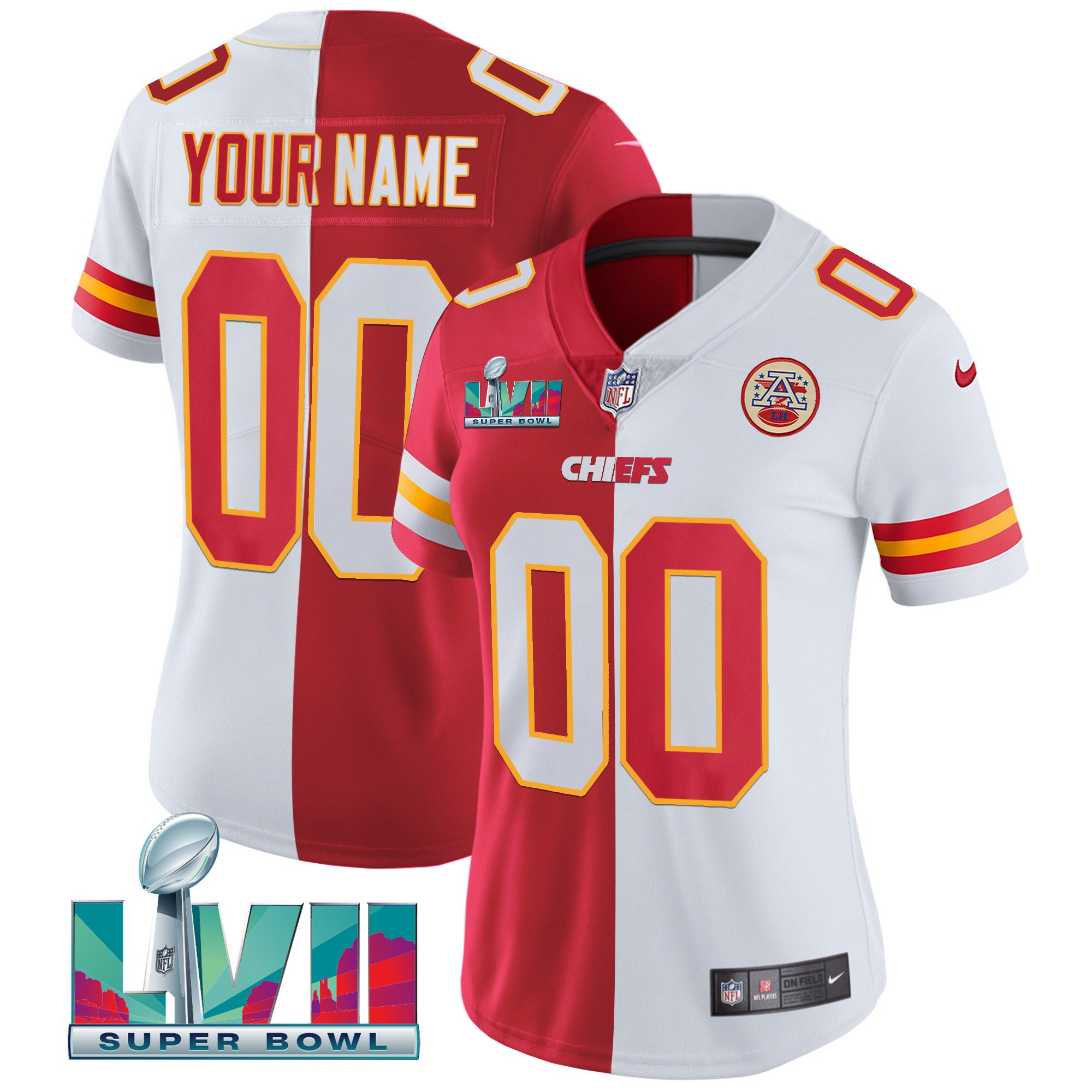 Women's Kansas City Chiefs Super Bowl Custom Name & Number Split Jersey - All Stitched