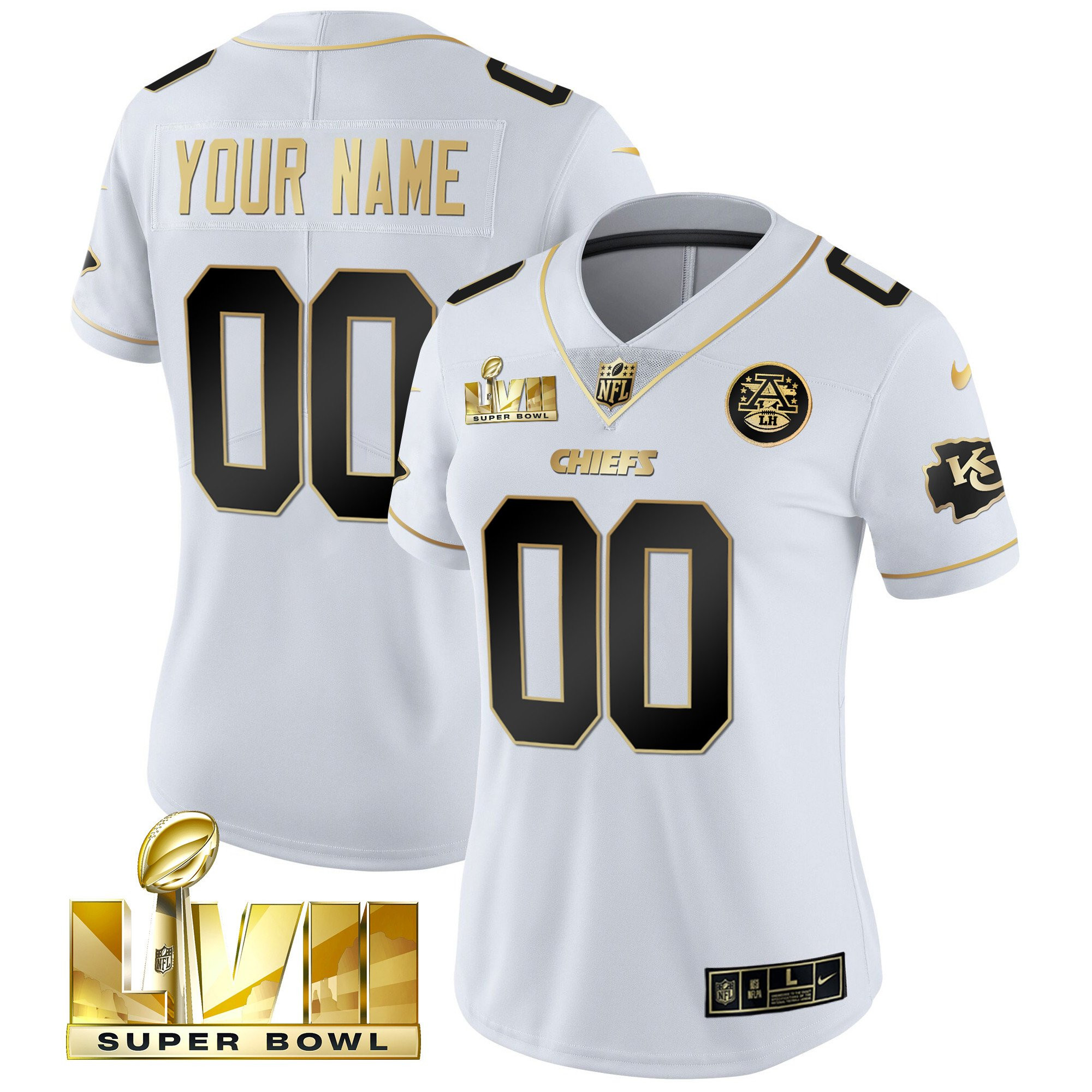 Women's Kansas City Chiefs Super Bowl Custom Name & Number White Gold Jersey - All Stitched