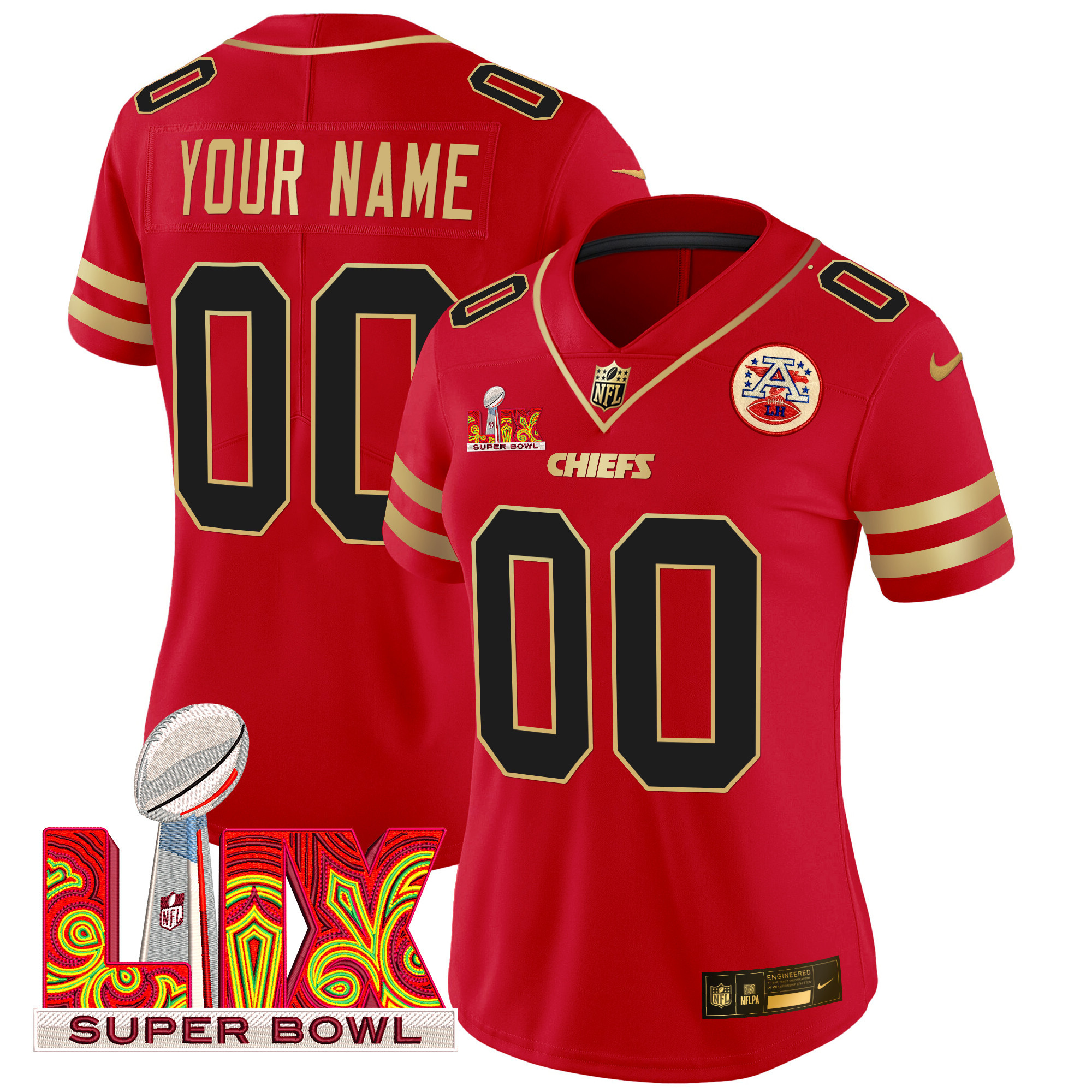 Women's Kansas City Chiefs Super Bowl LIX Patch Gold Trim Vapor Limited Custom Red Jersey - All Stitched
