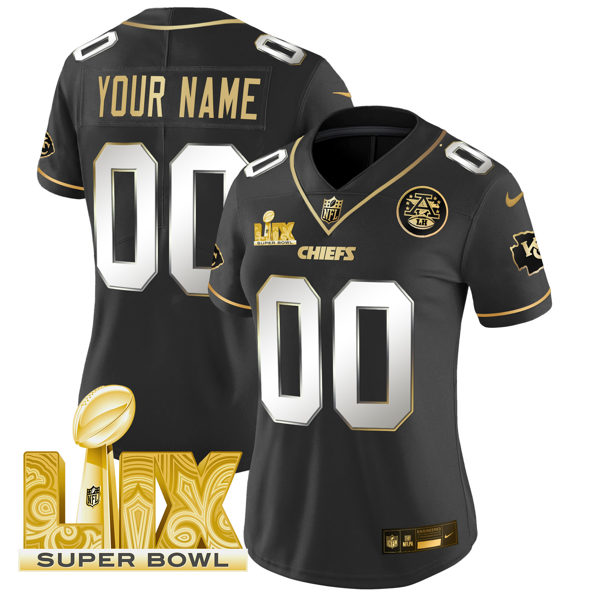 Women's Kansas City Chiefs Super Bowl LIX Patch Gold Vapor Limited Custom Black Limited Jersey - All Stitched
