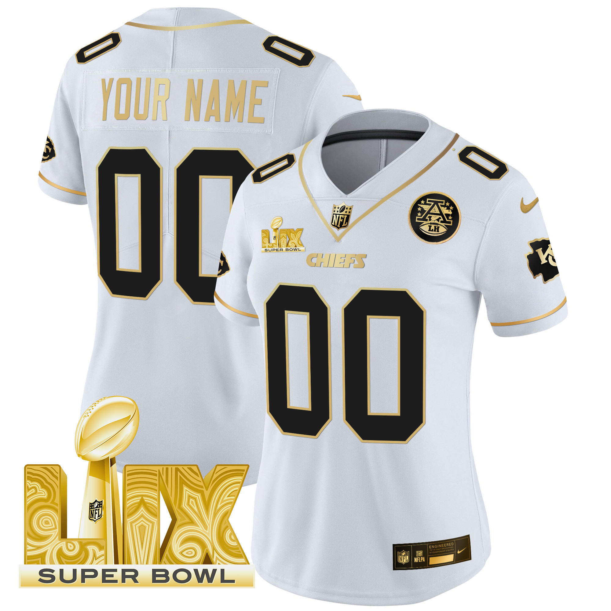 Women's Kansas City Chiefs Super Bowl LIX Patch Gold Vapor Limited Custom White Gold Jersey - All Stitched